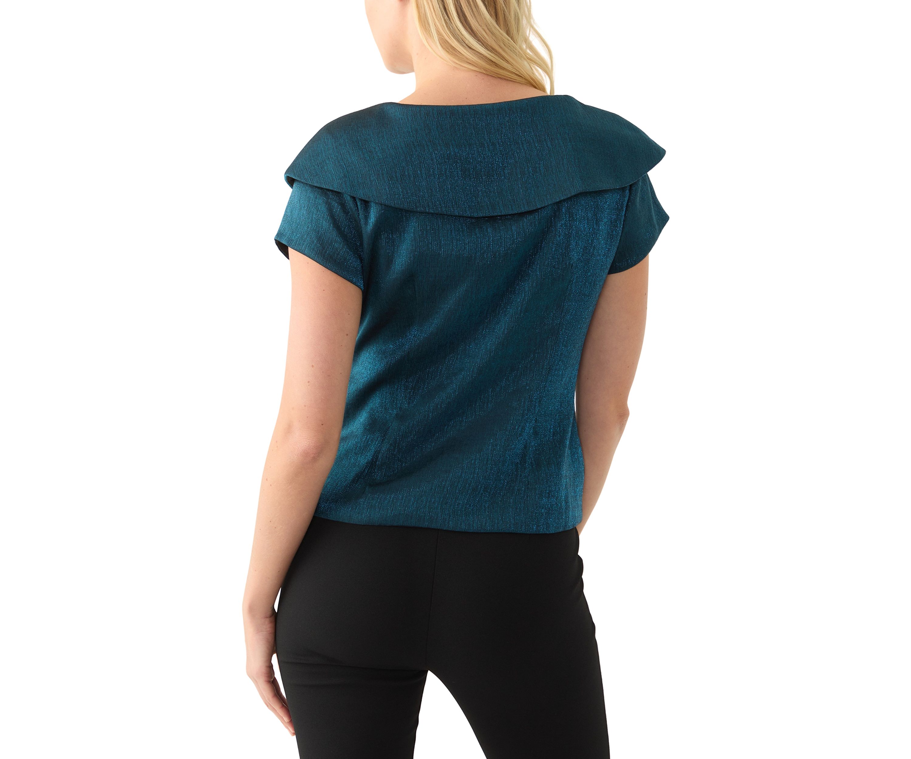 Womens Short Sleeve Ruffle V-Neck Solid Taffeta Wrap Top