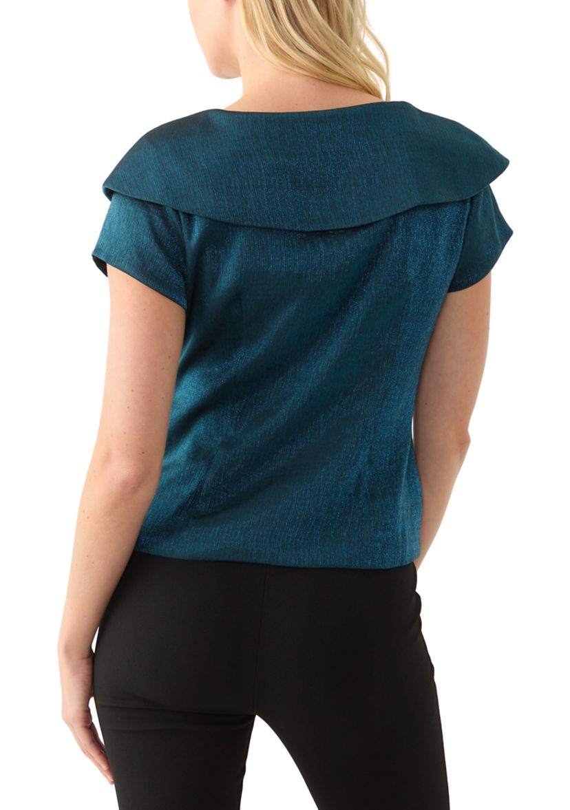 Womens Short Sleeve Ruffle V-Neck Solid Taffeta Wrap Top