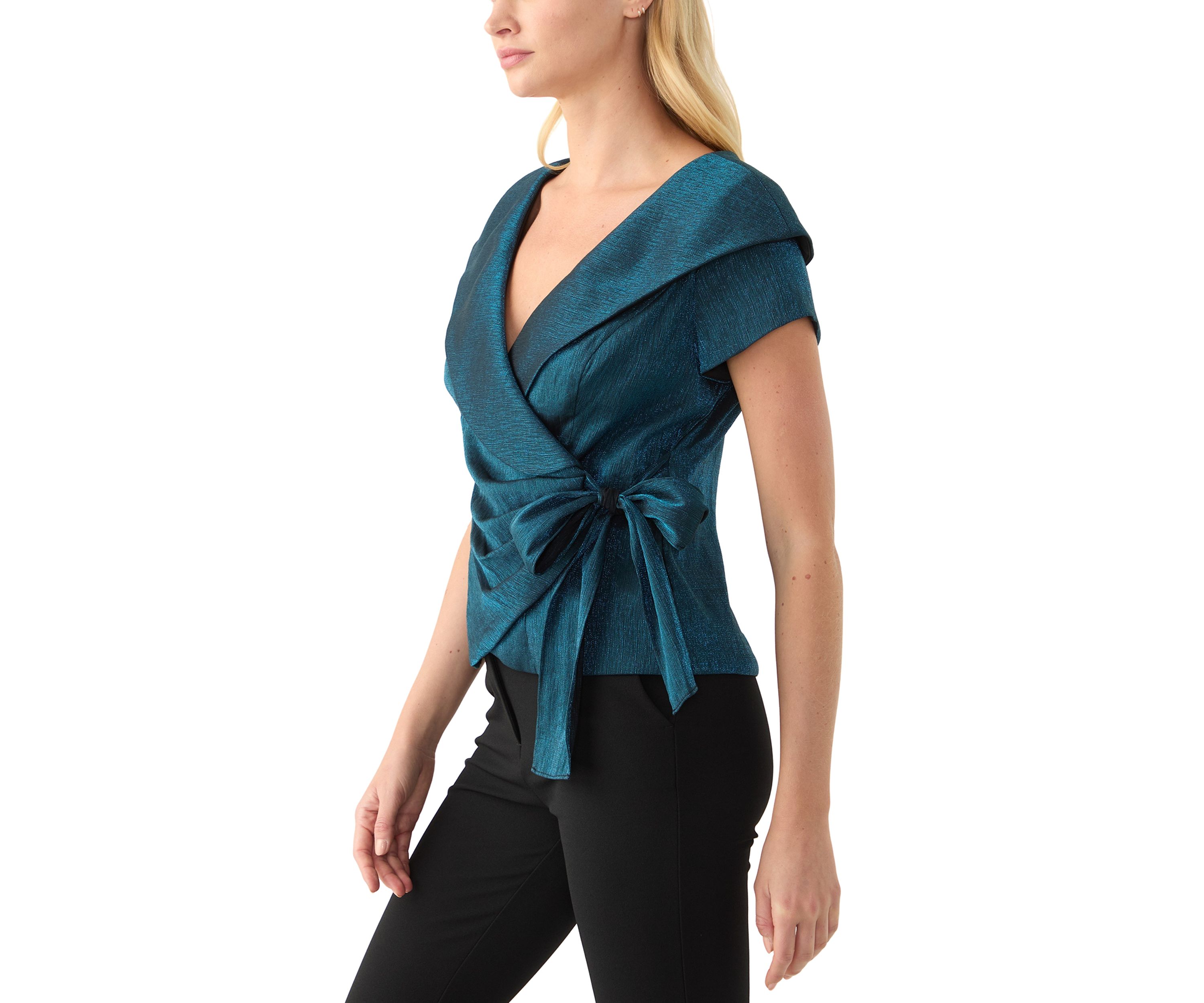 Womens Short Sleeve Ruffle V-Neck Solid Taffeta Wrap Top