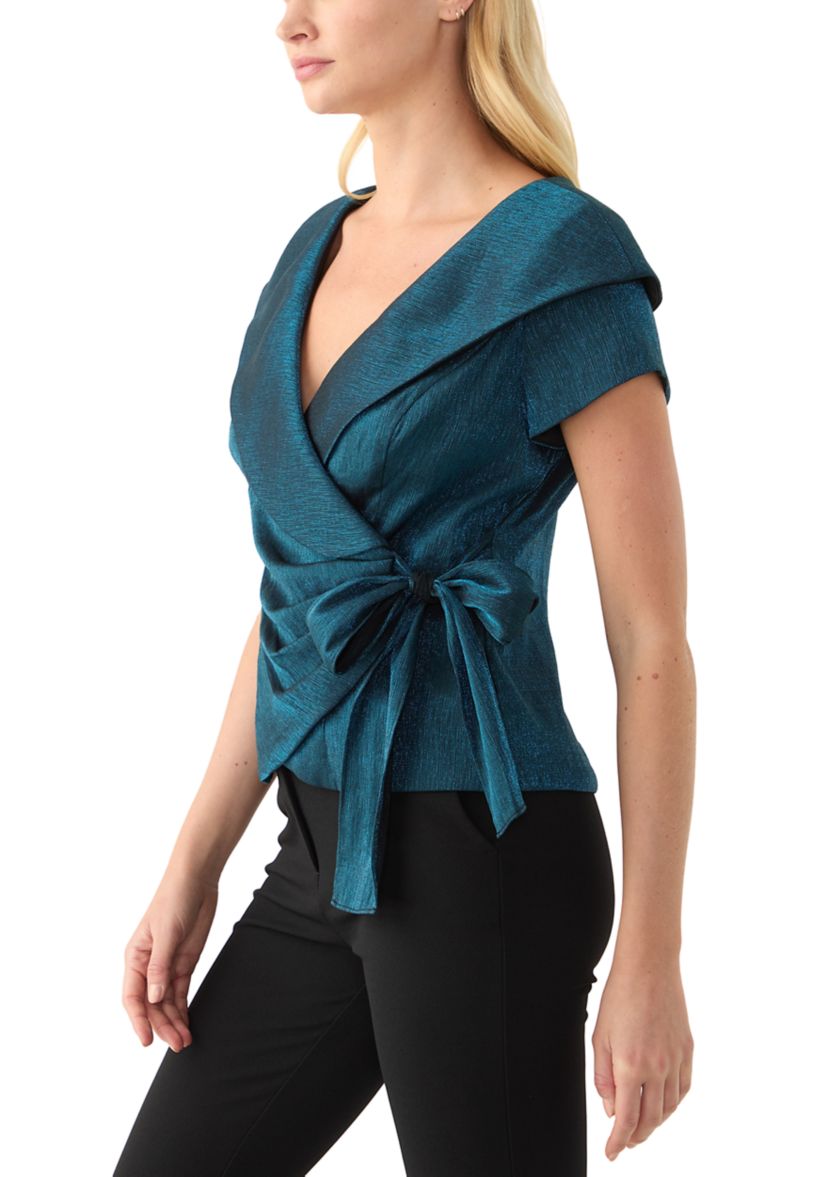 Womens Short Sleeve Ruffle V-Neck Solid Taffeta Wrap Top