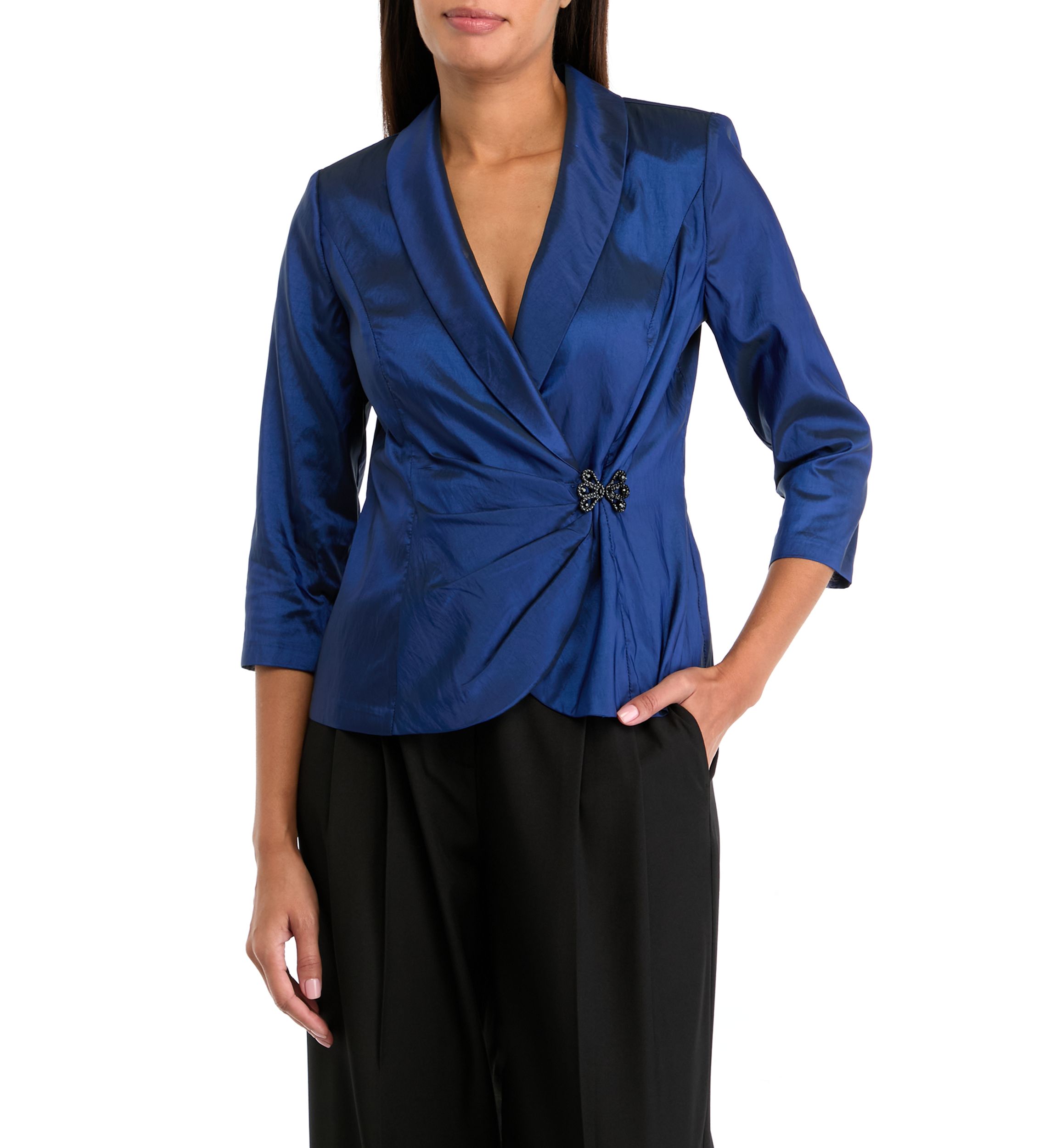 Womens 3/4 Sleeve V-Neck Solid Satin Wrap Top