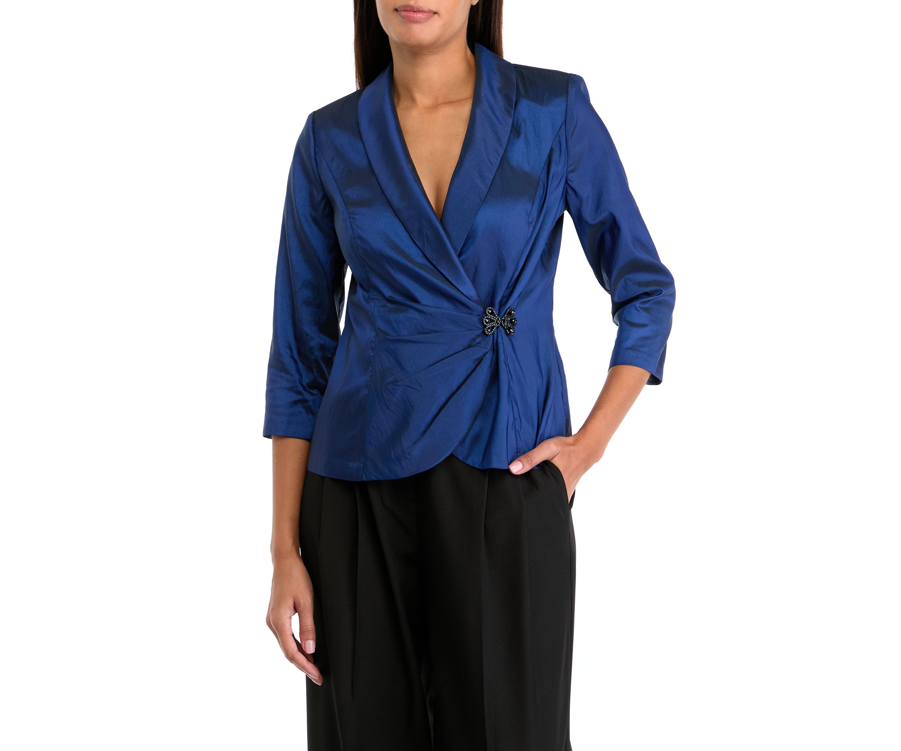 Womens 3/4 Sleeve V-Neck Solid Satin Wrap Top