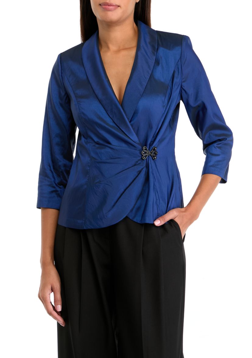 Womens 3/4 Sleeve V-Neck Solid Satin Wrap Top