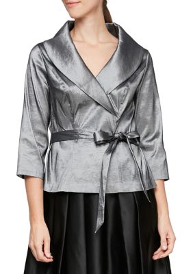 Alex Evenings Taffeta Tie Waist Shawl Collar 3/4 Sleeve Top