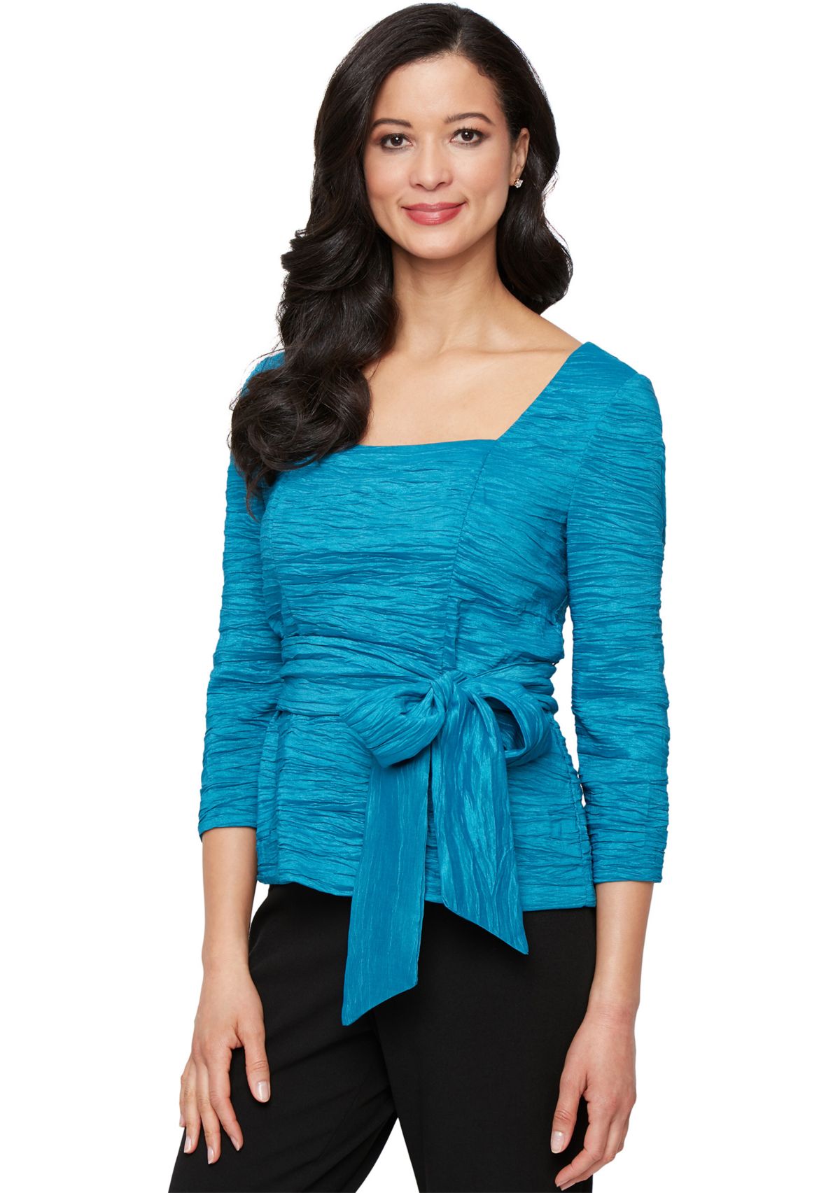 Womens 3/4 Sleeve Crinkle Stretch Taffeta Blouse