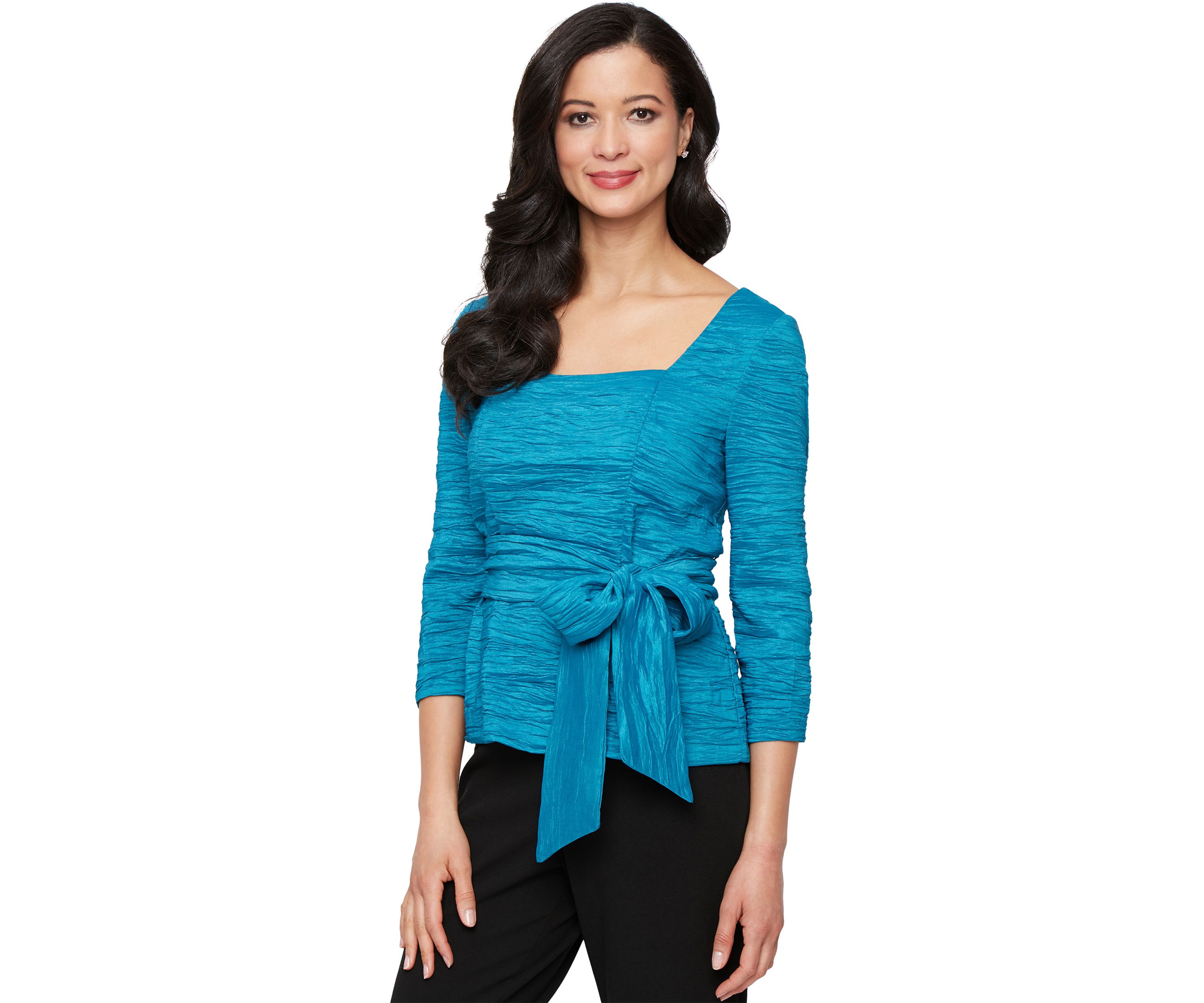 Womens 3/4 Sleeve Crinkle Stretch Taffeta Blouse