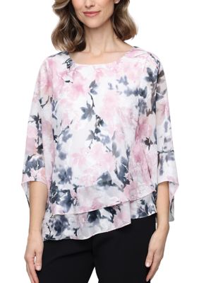 Alex Evenings Women Printed Burnout Chiffon Blouse with Asymmetric Double Tier Hem