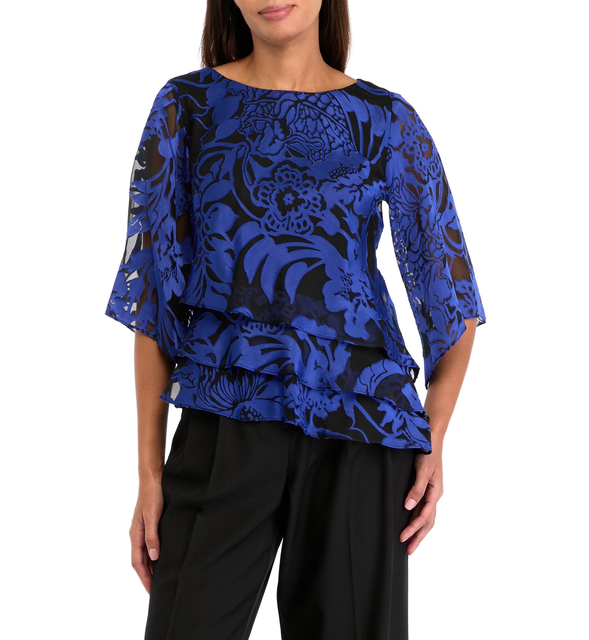 Womens 3/4 Sleeve Boat Neck Floral Print Chiffon Top