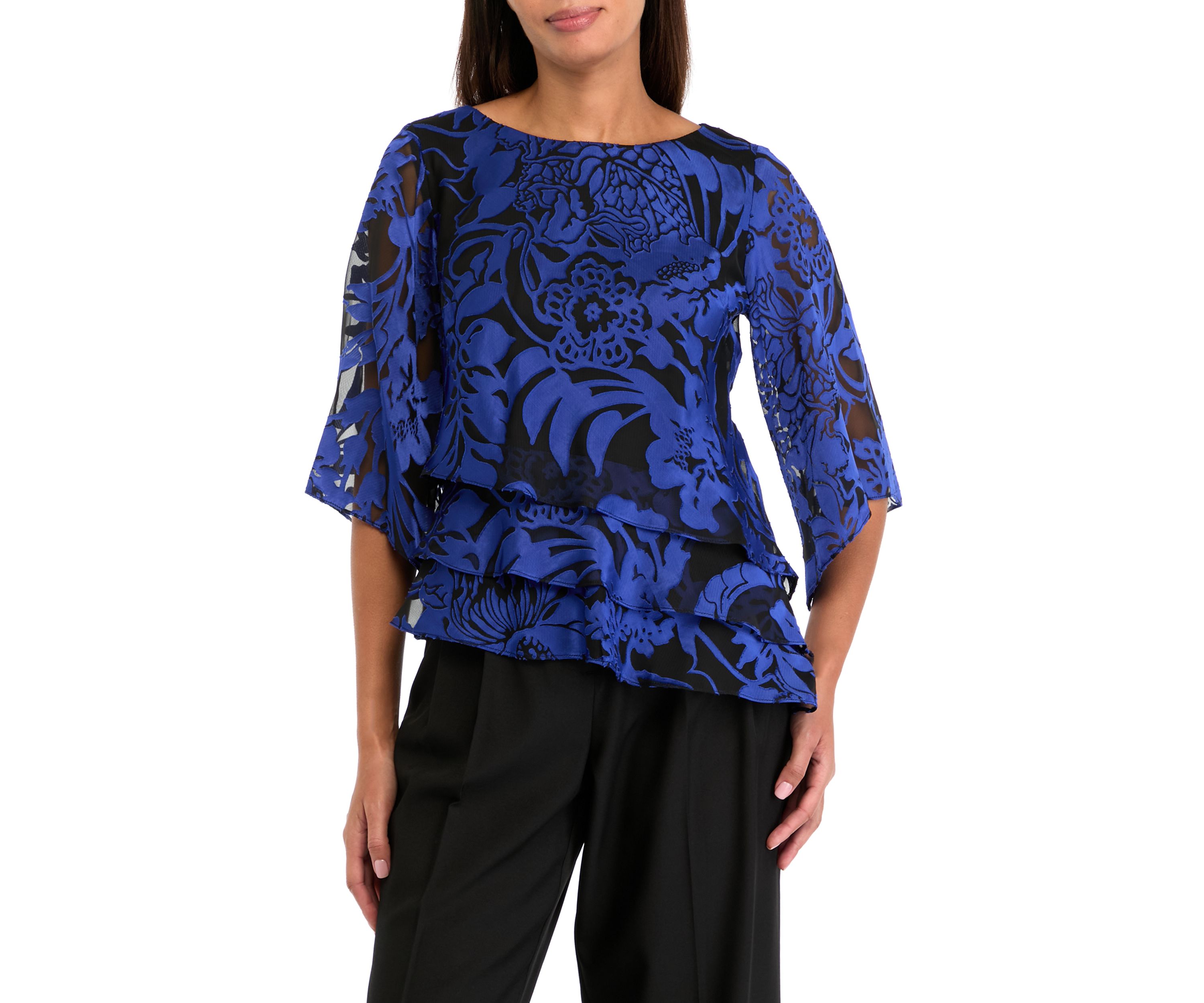 Womens 3/4 Sleeve Boat Neck Floral Print Chiffon Top