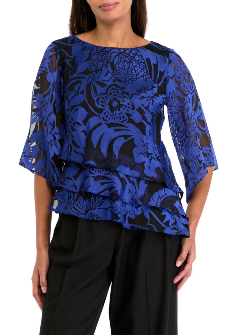 Womens 3/4 Sleeve Boat Neck Floral Print Chiffon Top