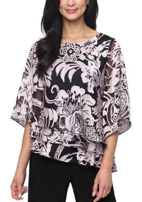 Alex Evenings Women's 3/4 Sleeve Boat Neck Floral Print Chiffon Top, XL
