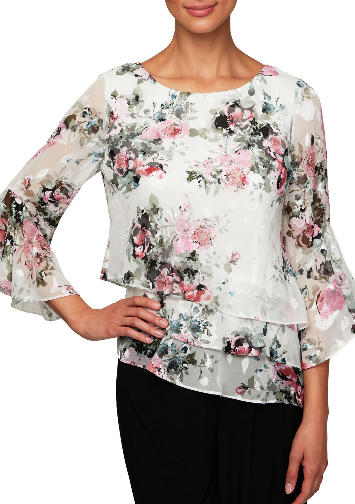 Womens 3/4 Sleeve Triple Tier Chiffon Blouse