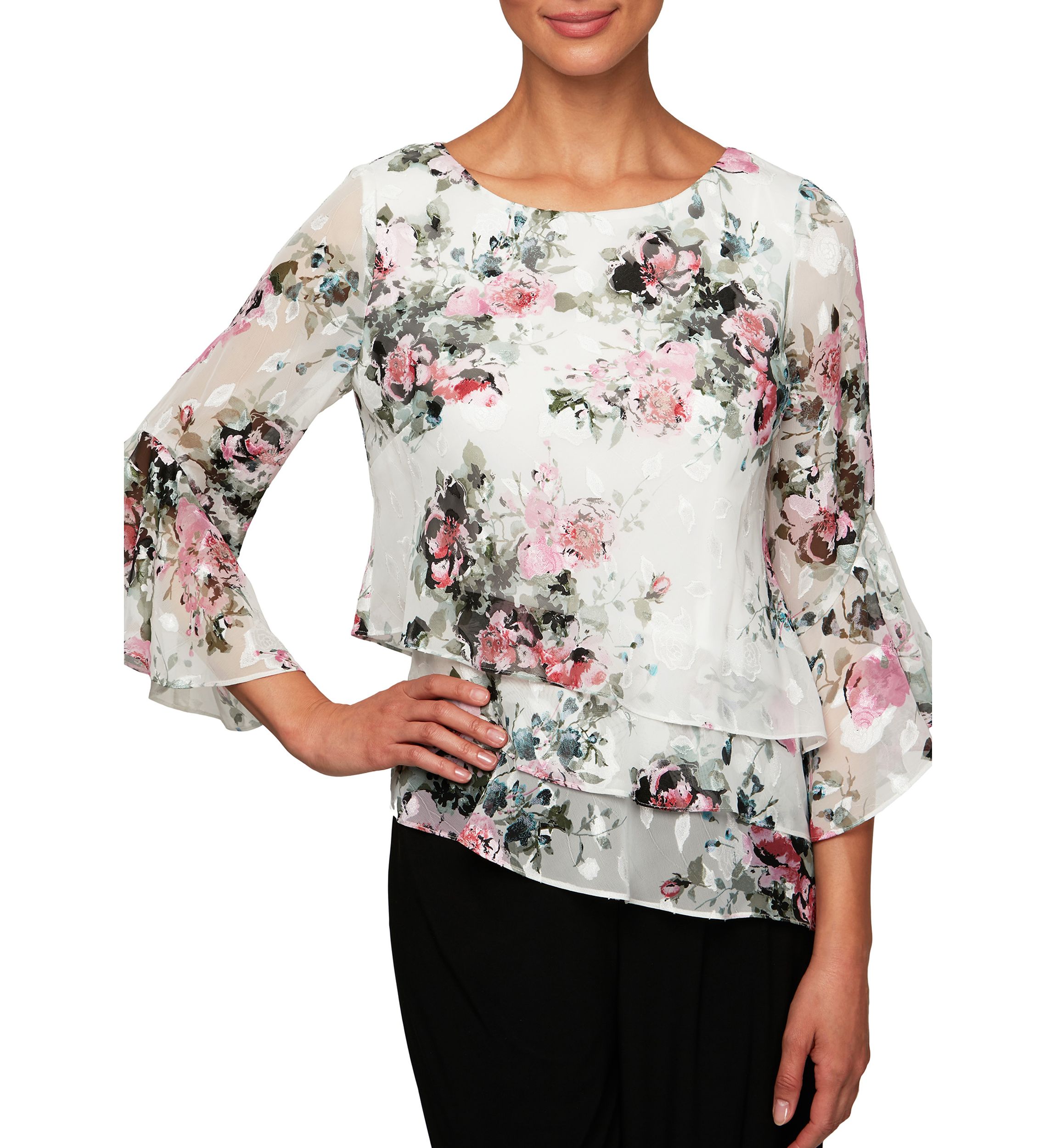 Womens 3/4 Sleeve Triple Tier Chiffon Blouse