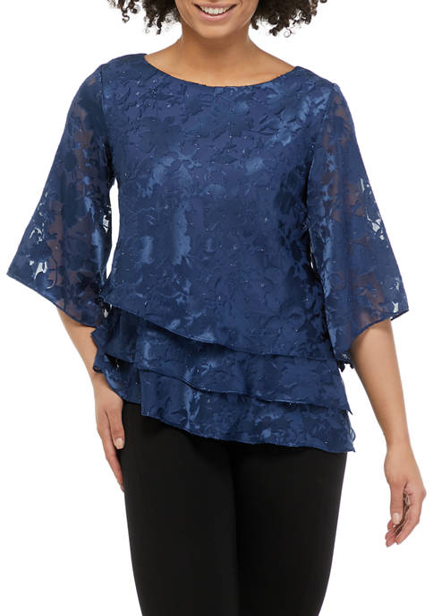 Alex Evenings Womens 3/4 Sleeve Burn Out Blouse