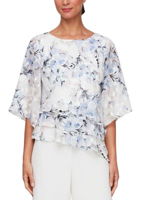 Alex Evenings Women's 3/4 Sleeve Printed Blouse with Asymmetric Triple Tier Hem