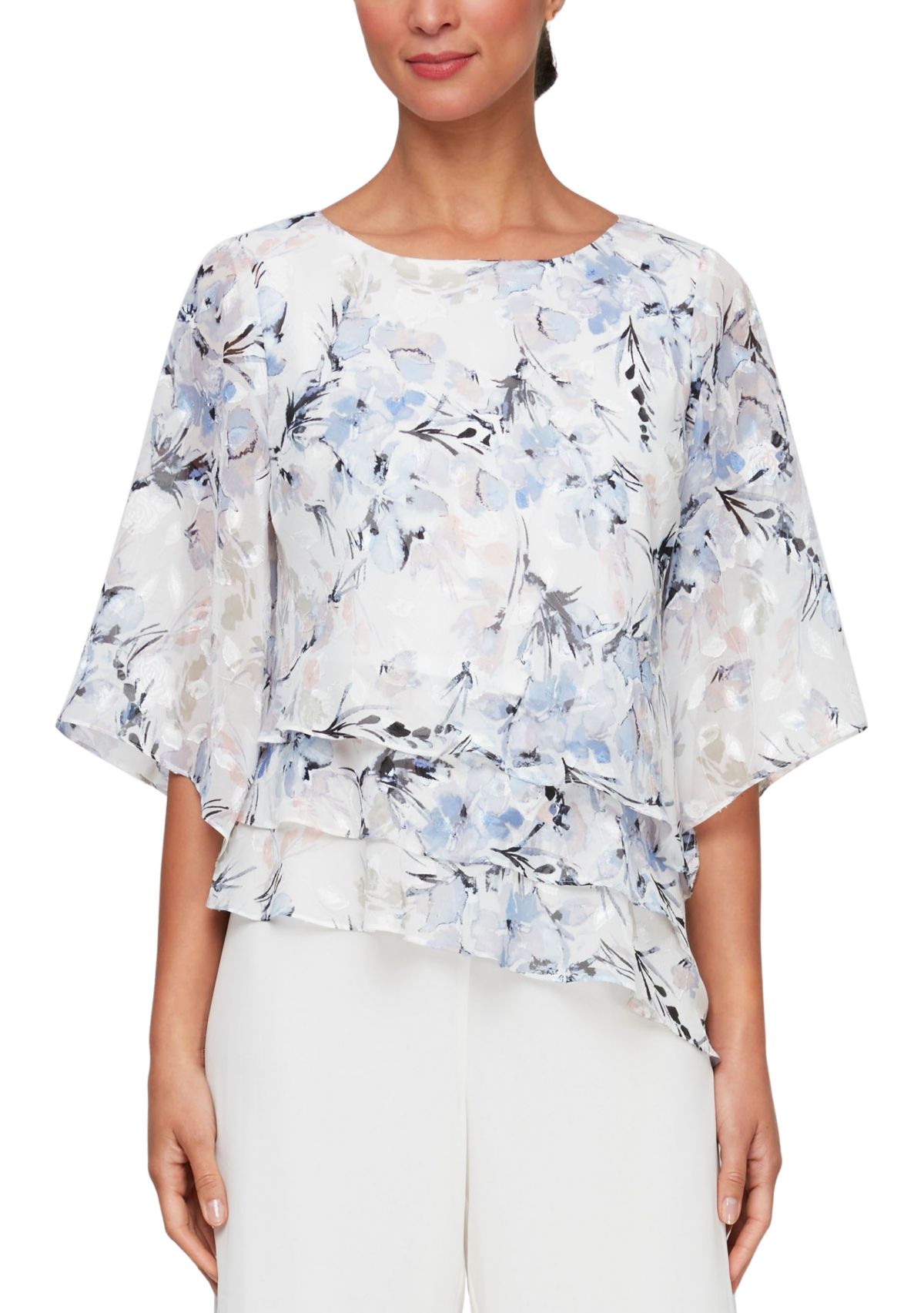 Womens 3/4 Sleeve Printed Blouse with Asymmetric Triple Tier Hem