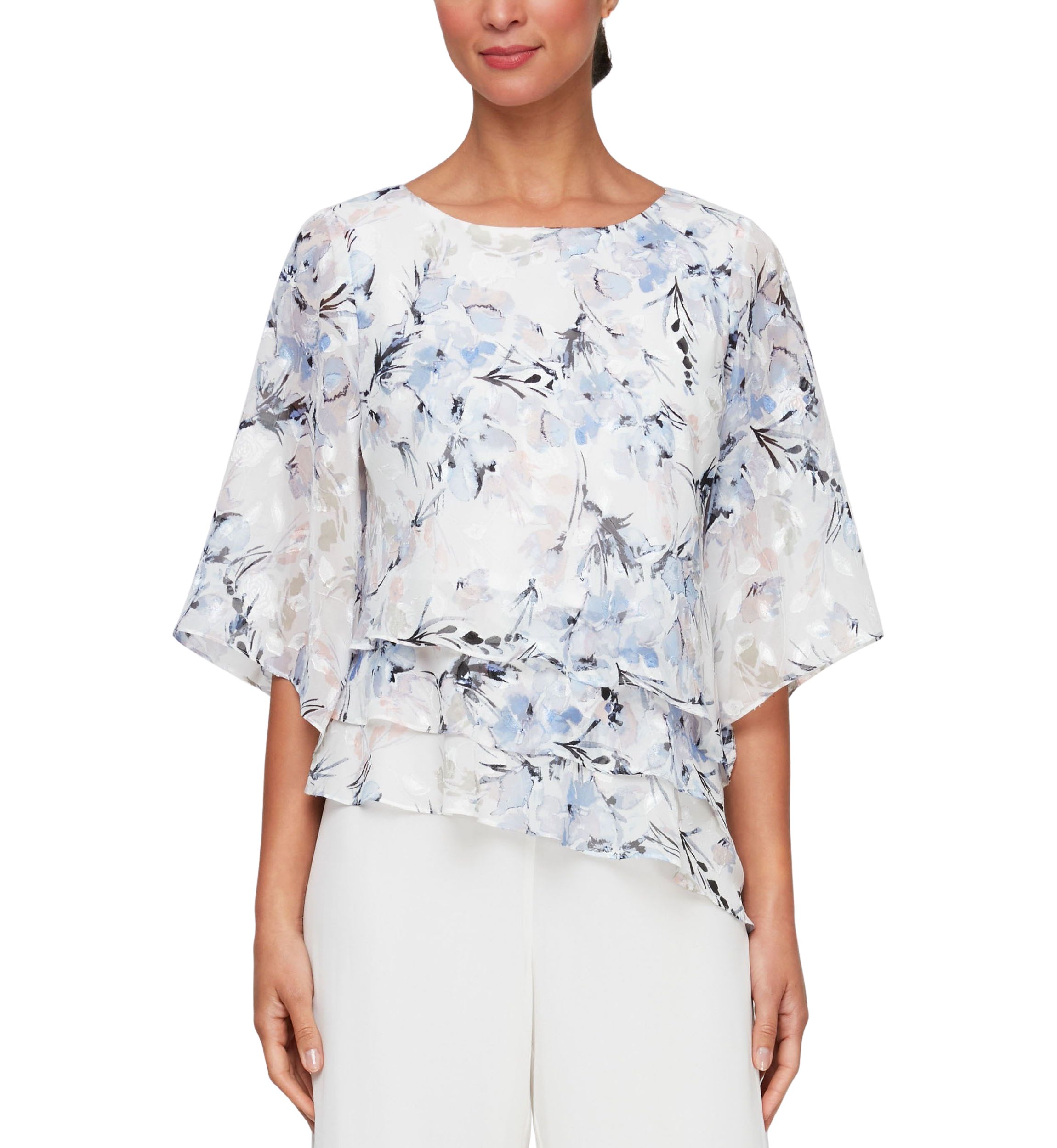 Womens 3/4 Sleeve Printed Blouse with Asymmetric Triple Tier Hem