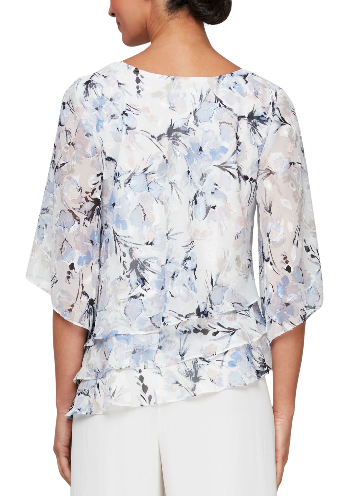 Womens 3/4 Sleeve Printed Blouse with Asymmetric Triple Tier Hem