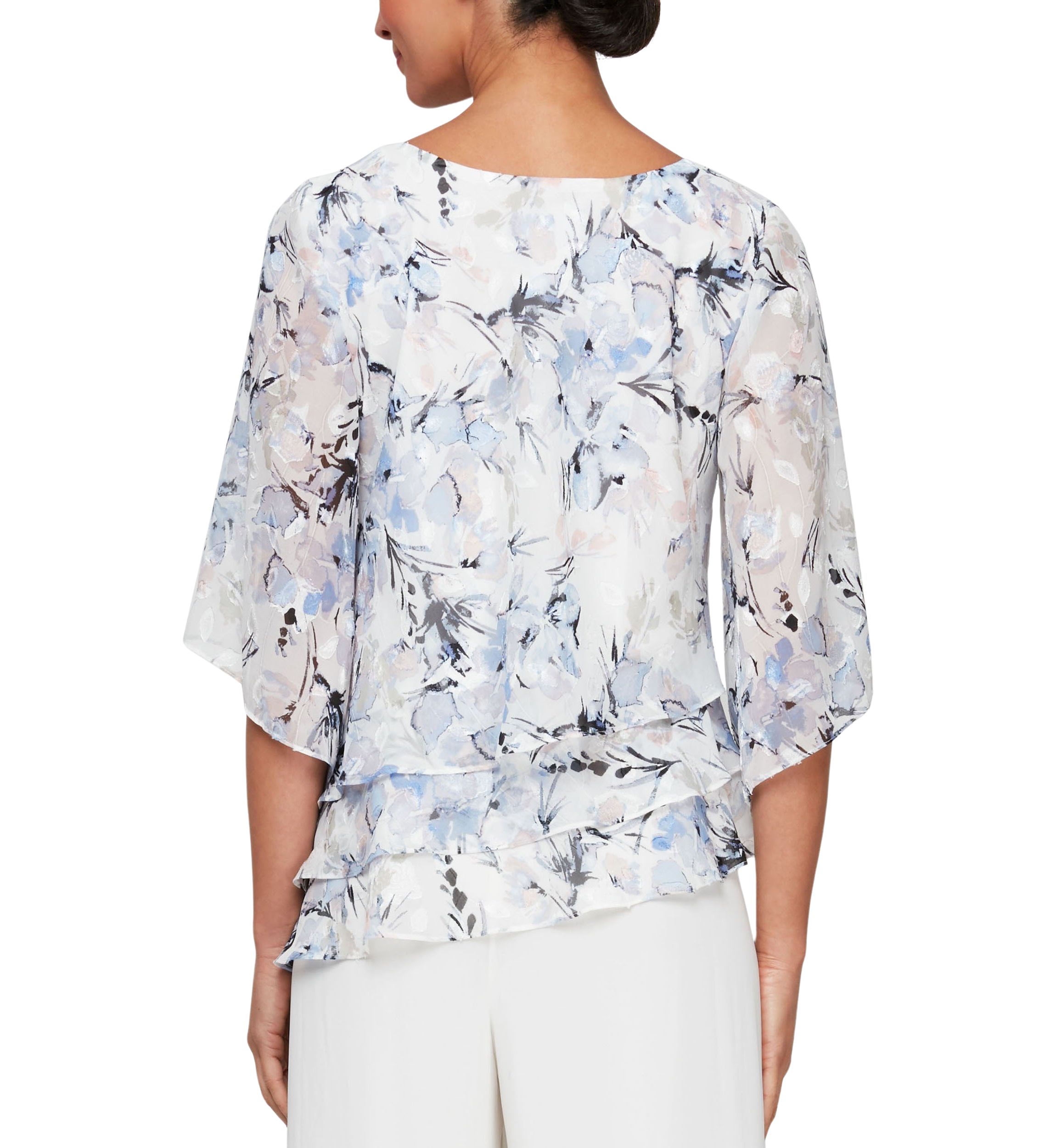 Womens 3/4 Sleeve Printed Blouse with Asymmetric Triple Tier Hem