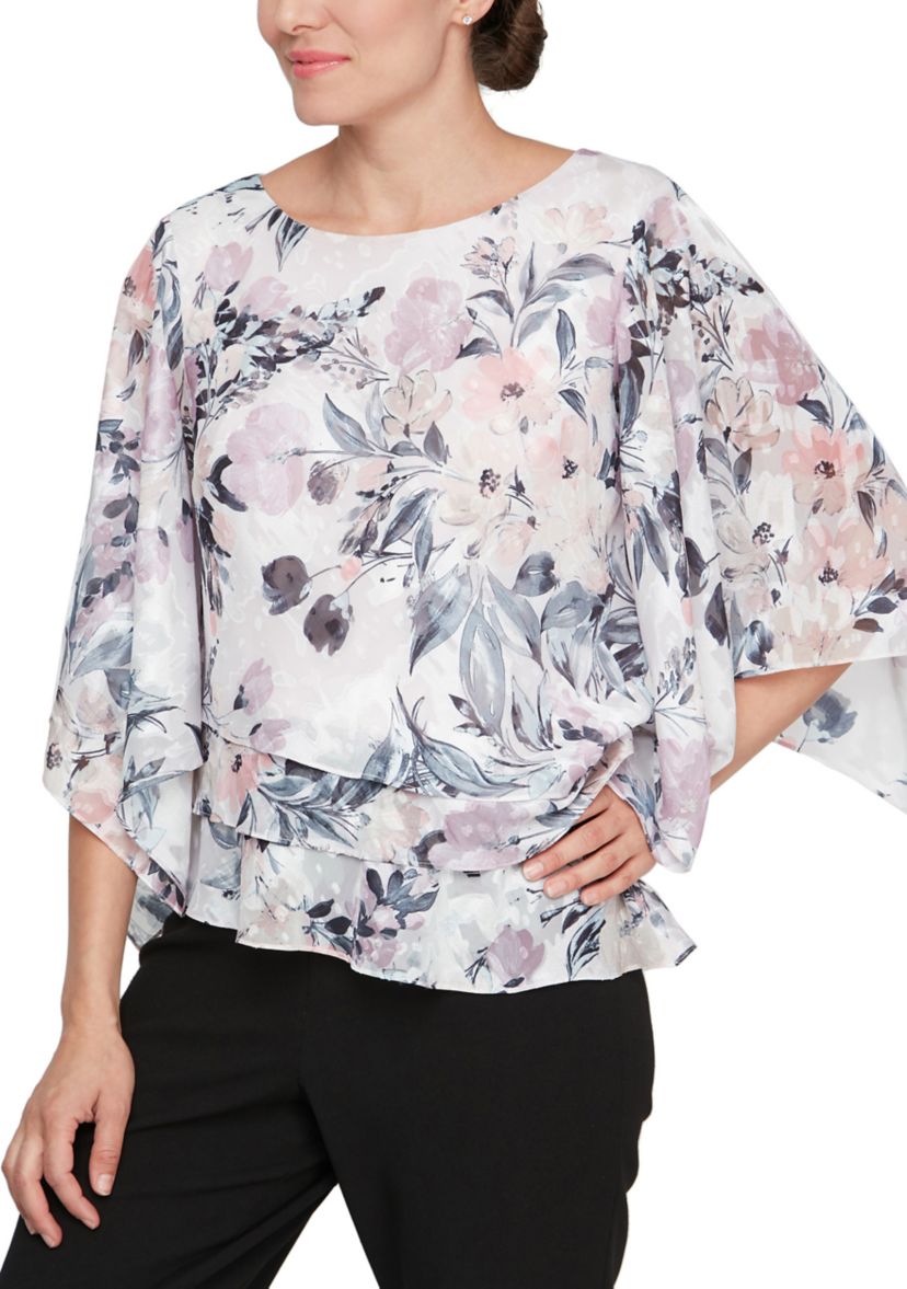 Womens 3/4 Sleeve Printed Blouse with Asymmetric Hem 