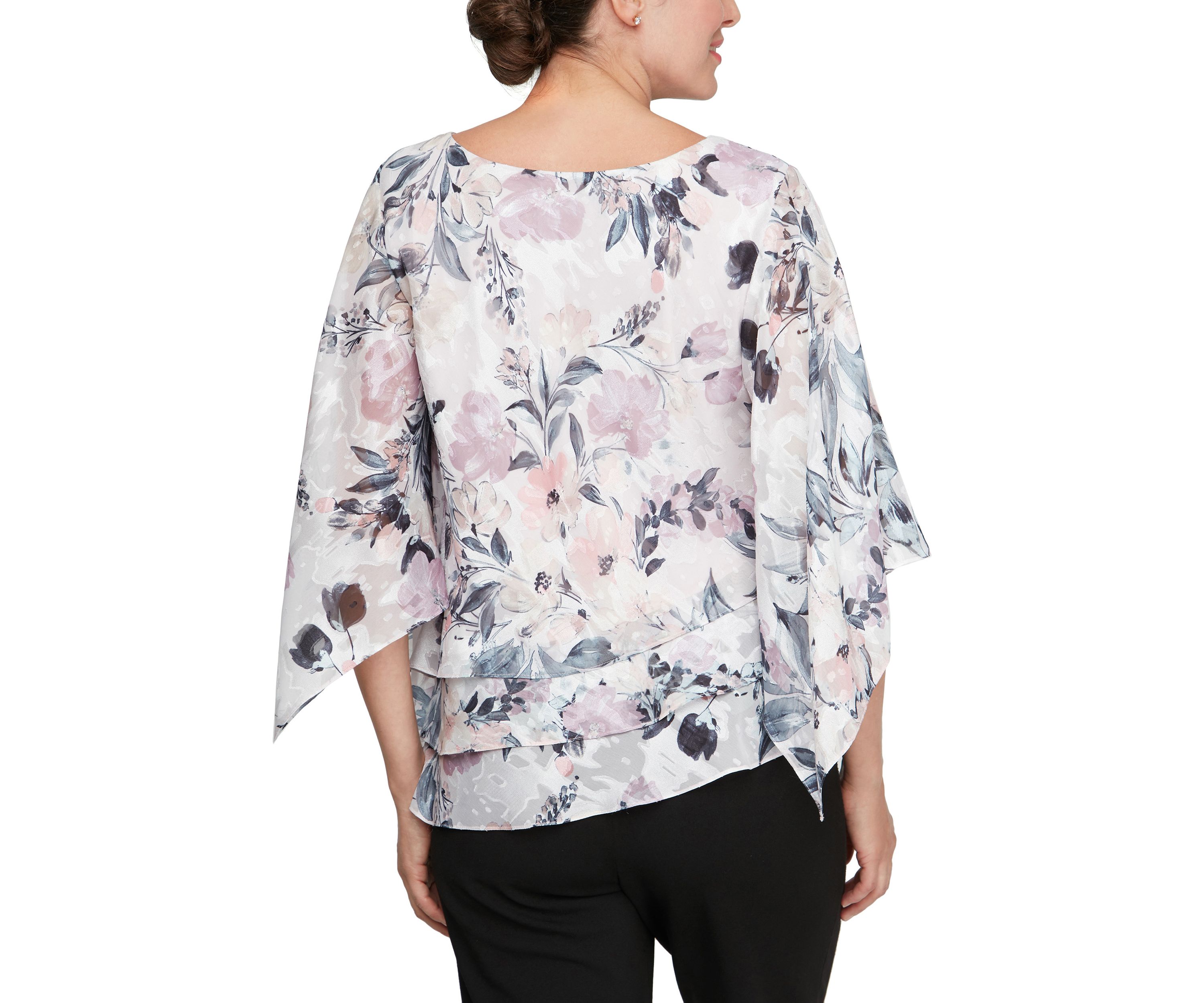 Womens 3/4 Sleeve Printed Blouse with Asymmetric Hem 