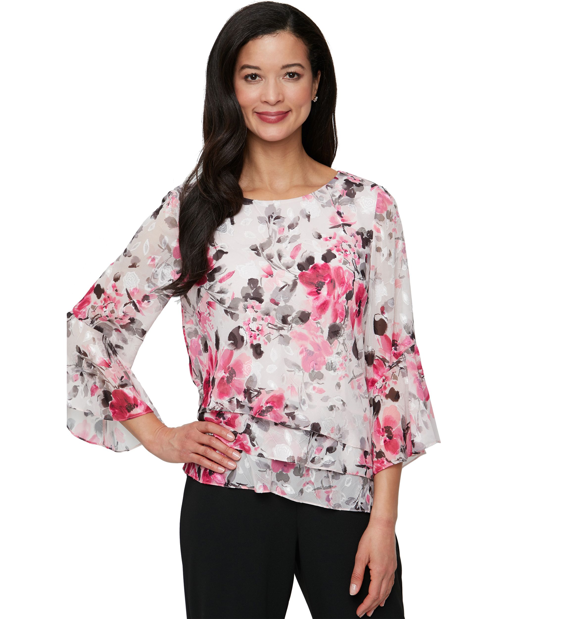 Womens 3/4 Sleeve Printed Chiffon Burnout Blouse