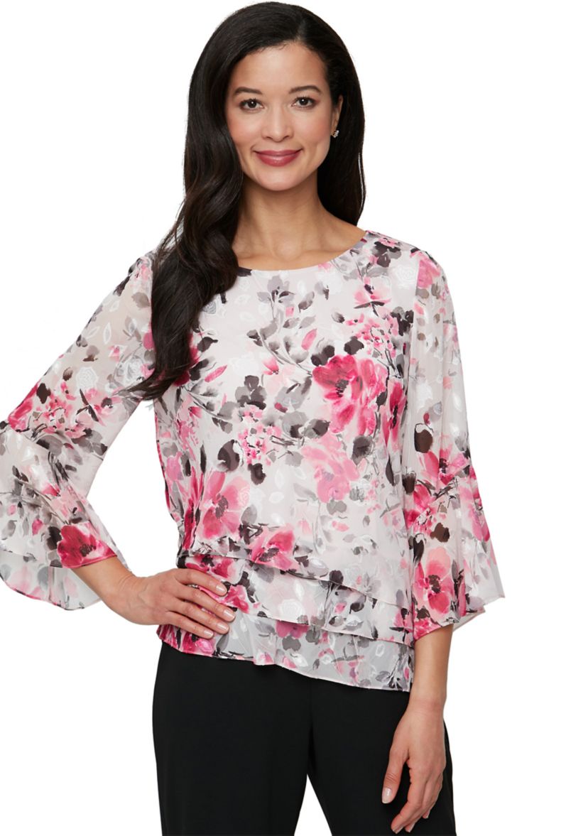 Womens 3/4 Sleeve Printed Chiffon Burnout Blouse