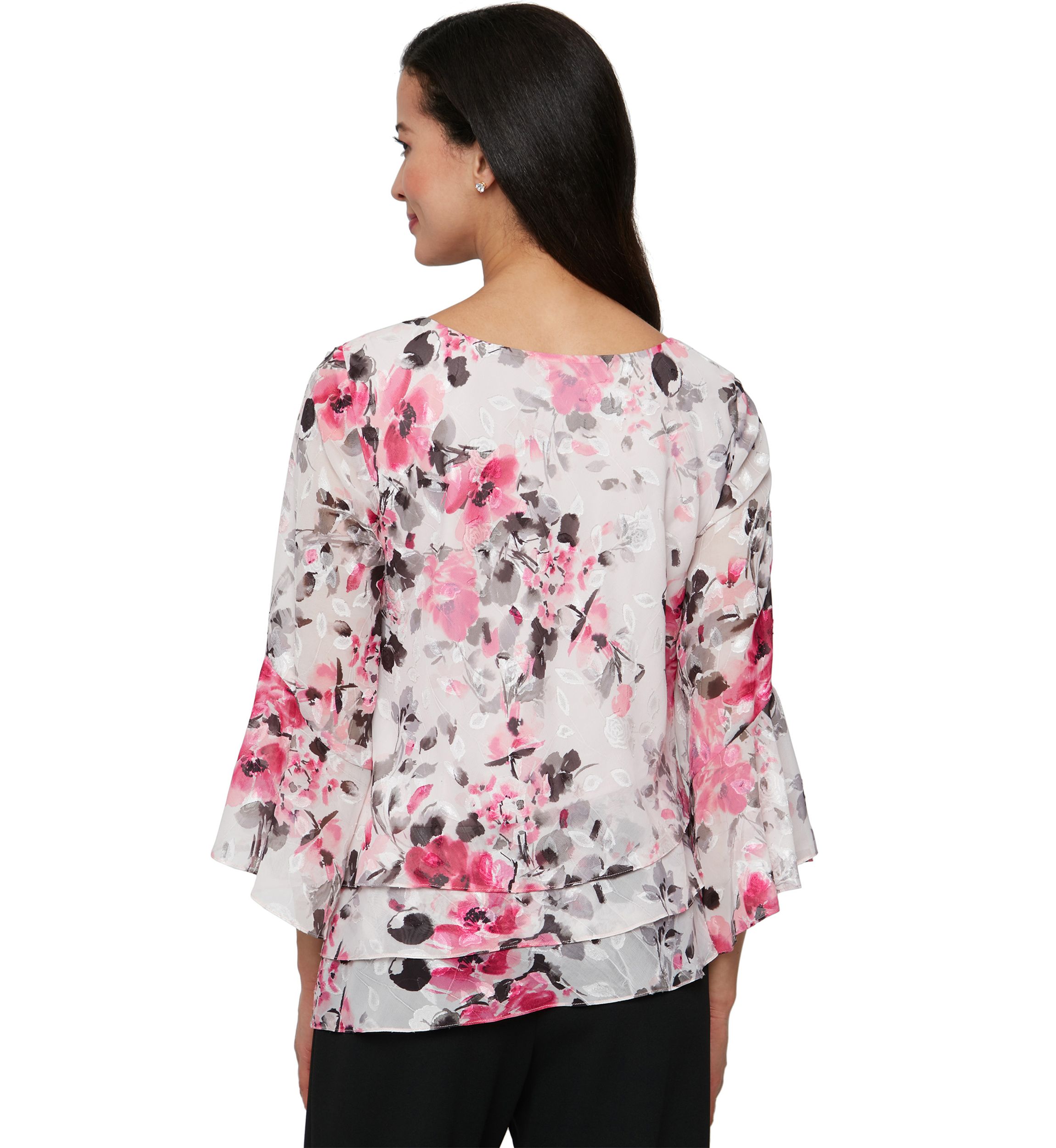 Womens 3/4 Sleeve Printed Chiffon Burnout Blouse