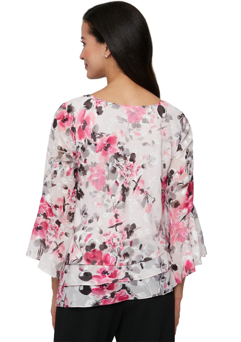 Womens 3/4 Sleeve Printed Chiffon Burnout Blouse