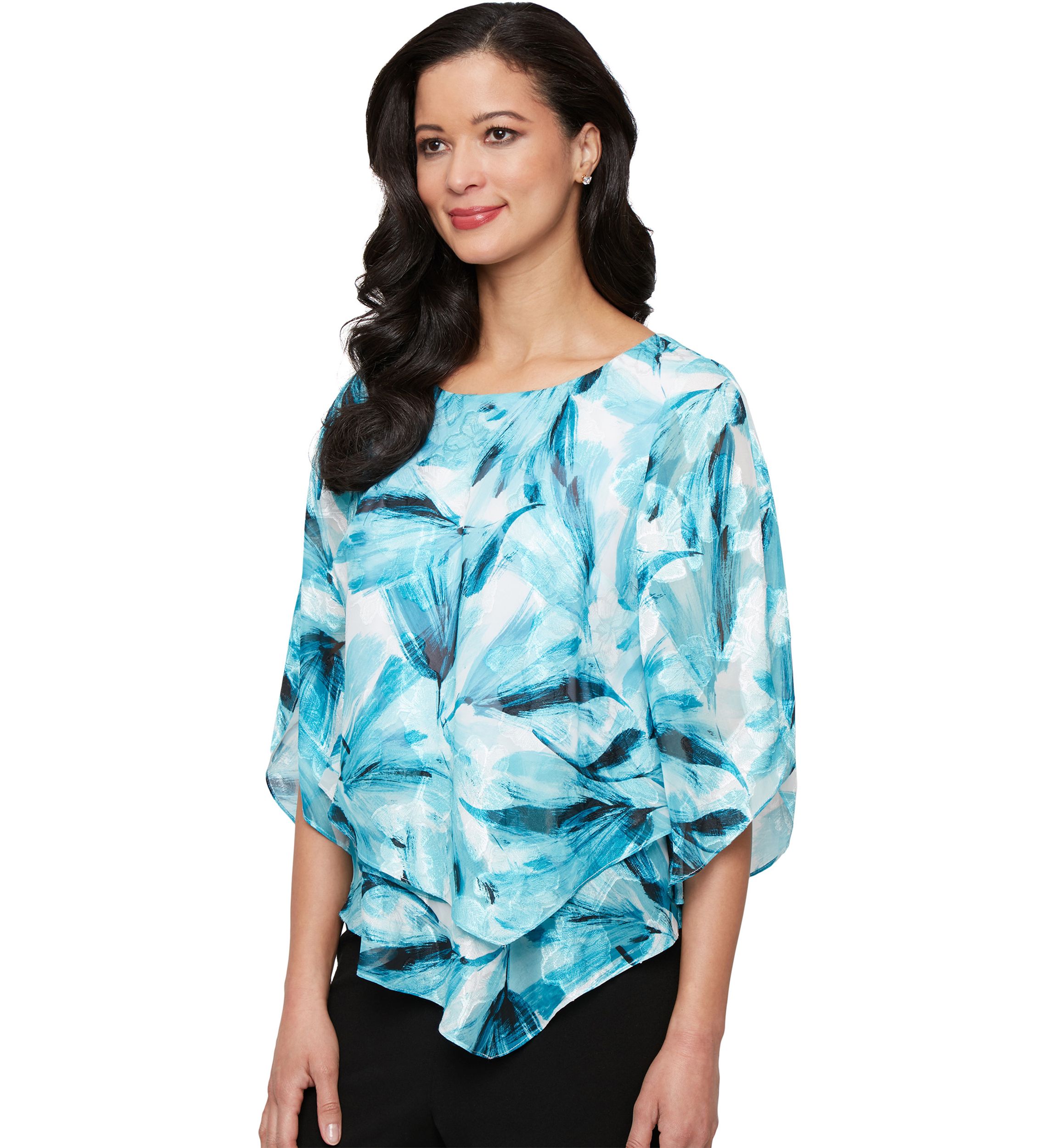 3/4 Sleeve Printed Chiffon Burnout Blouse