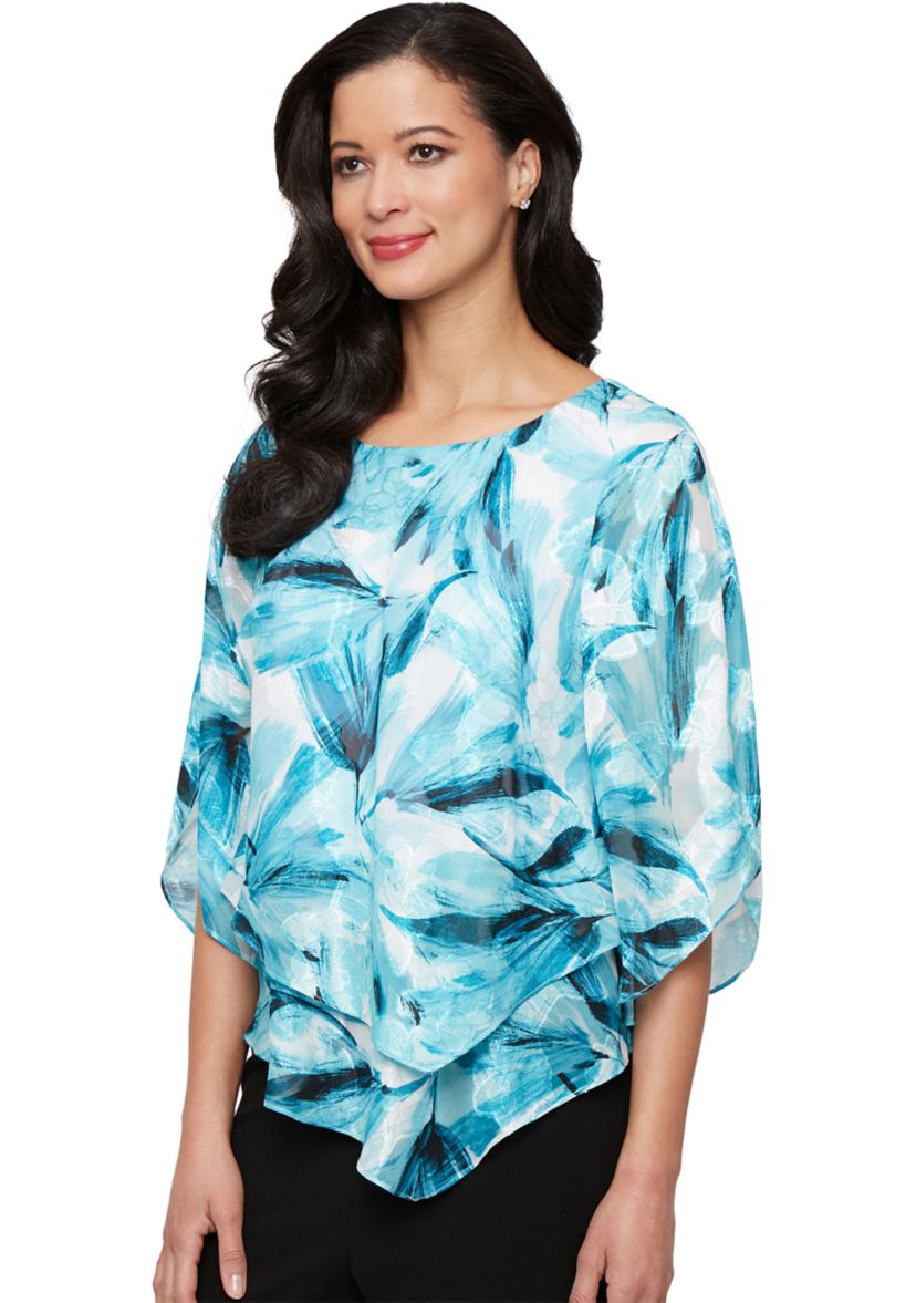 3/4 Sleeve Printed Chiffon Burnout Blouse