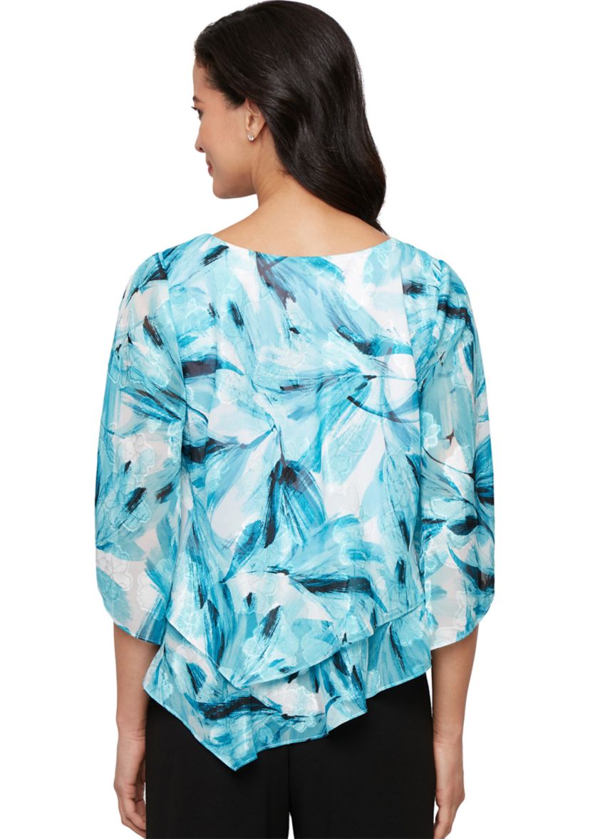 3/4 Sleeve Printed Chiffon Burnout Blouse