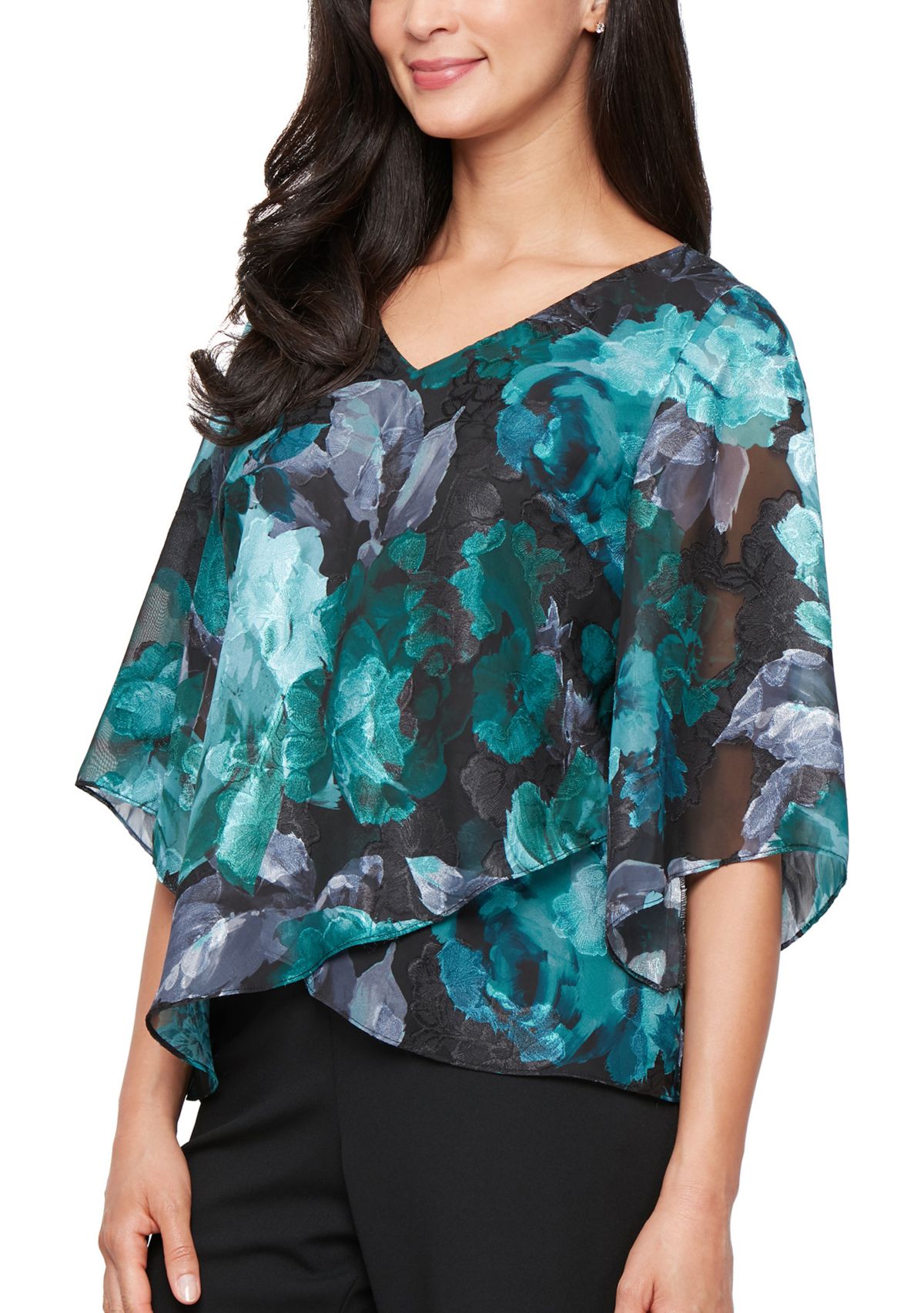 Womens Printed V-Neck Chiffon Burnout Blouse