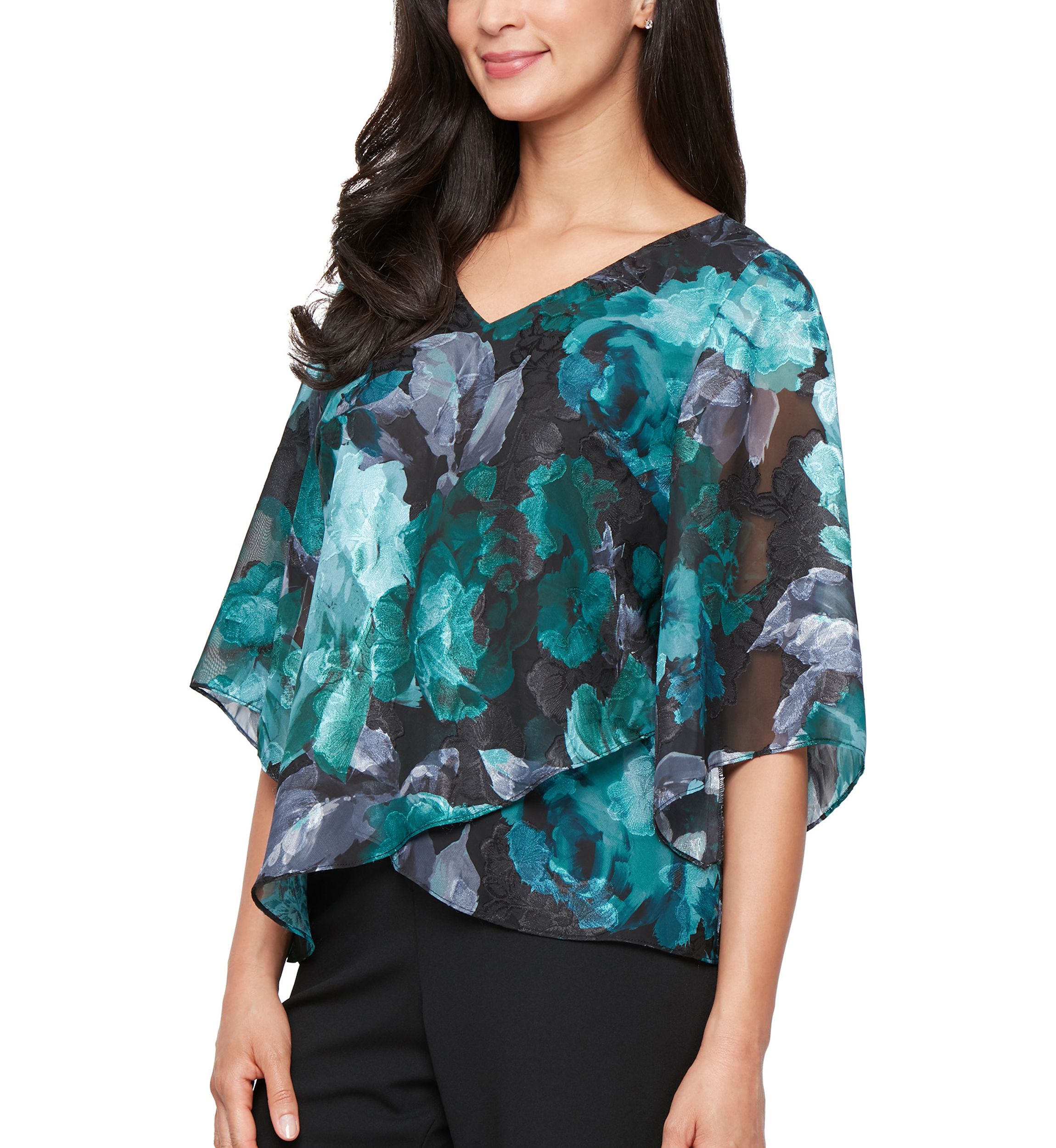 Womens Printed V-Neck Chiffon Burnout Blouse