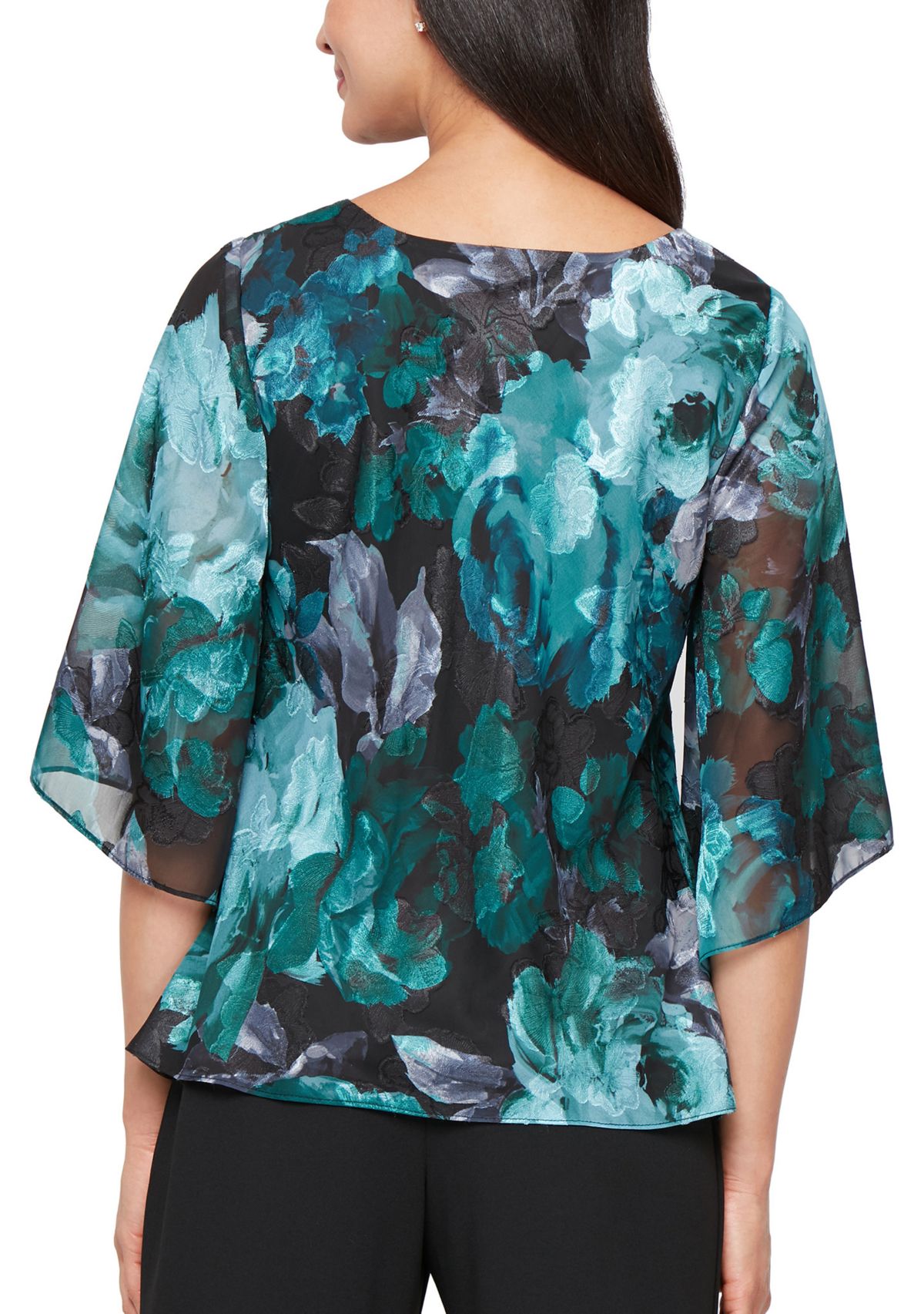 Womens Printed V-Neck Chiffon Burnout Blouse