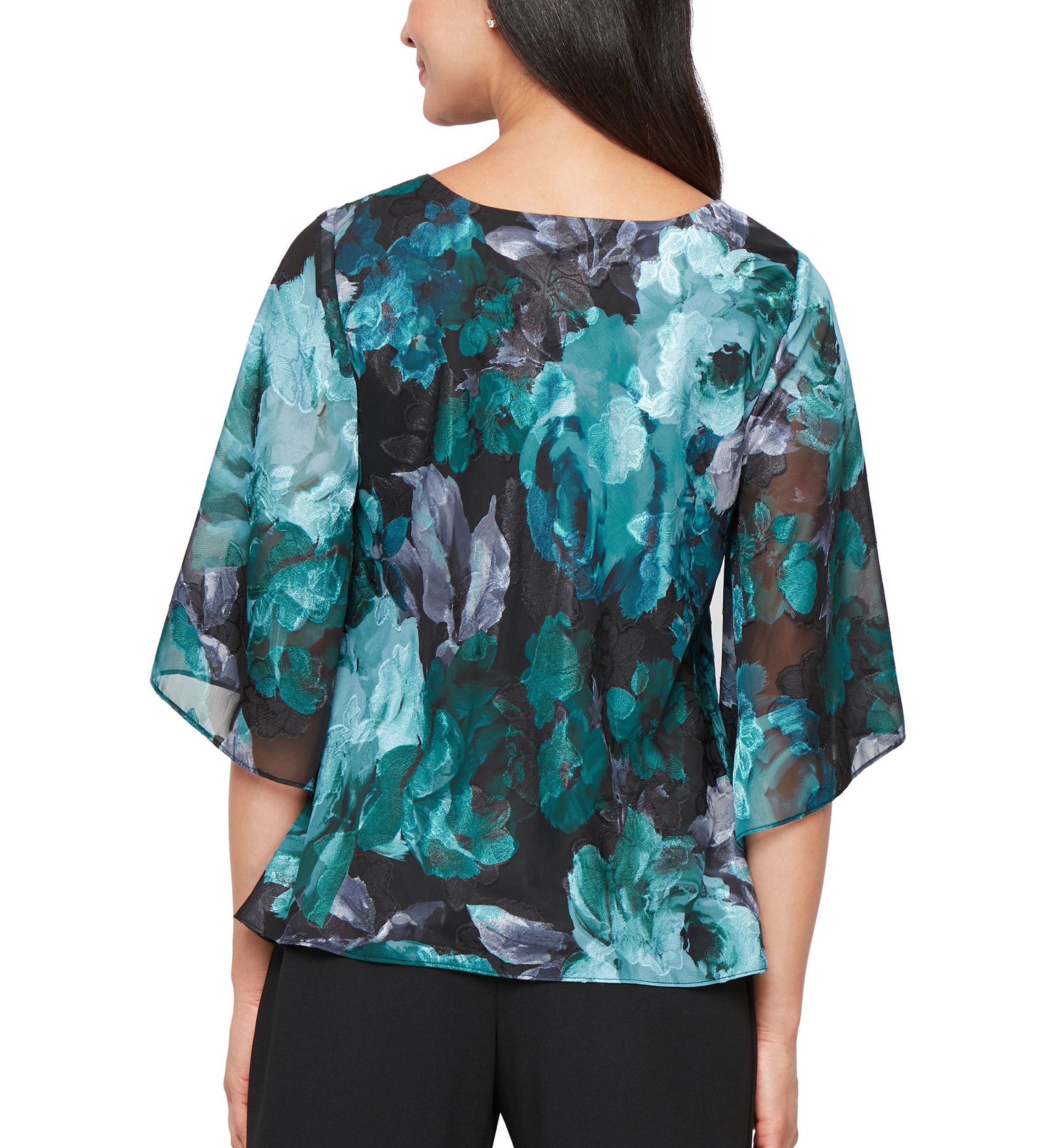 Womens Printed V-Neck Chiffon Burnout Blouse
