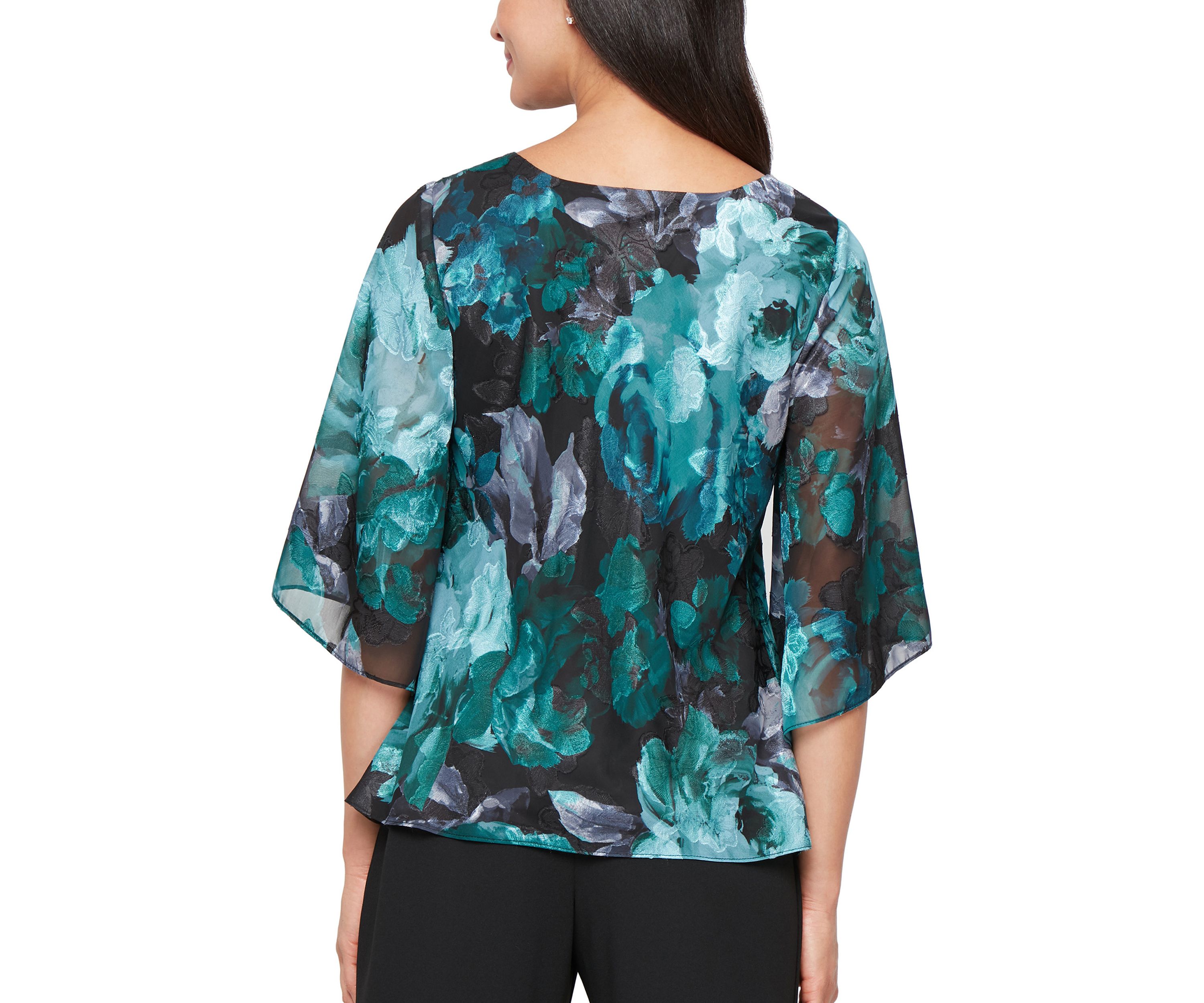 Womens Printed V-Neck Chiffon Burnout Blouse