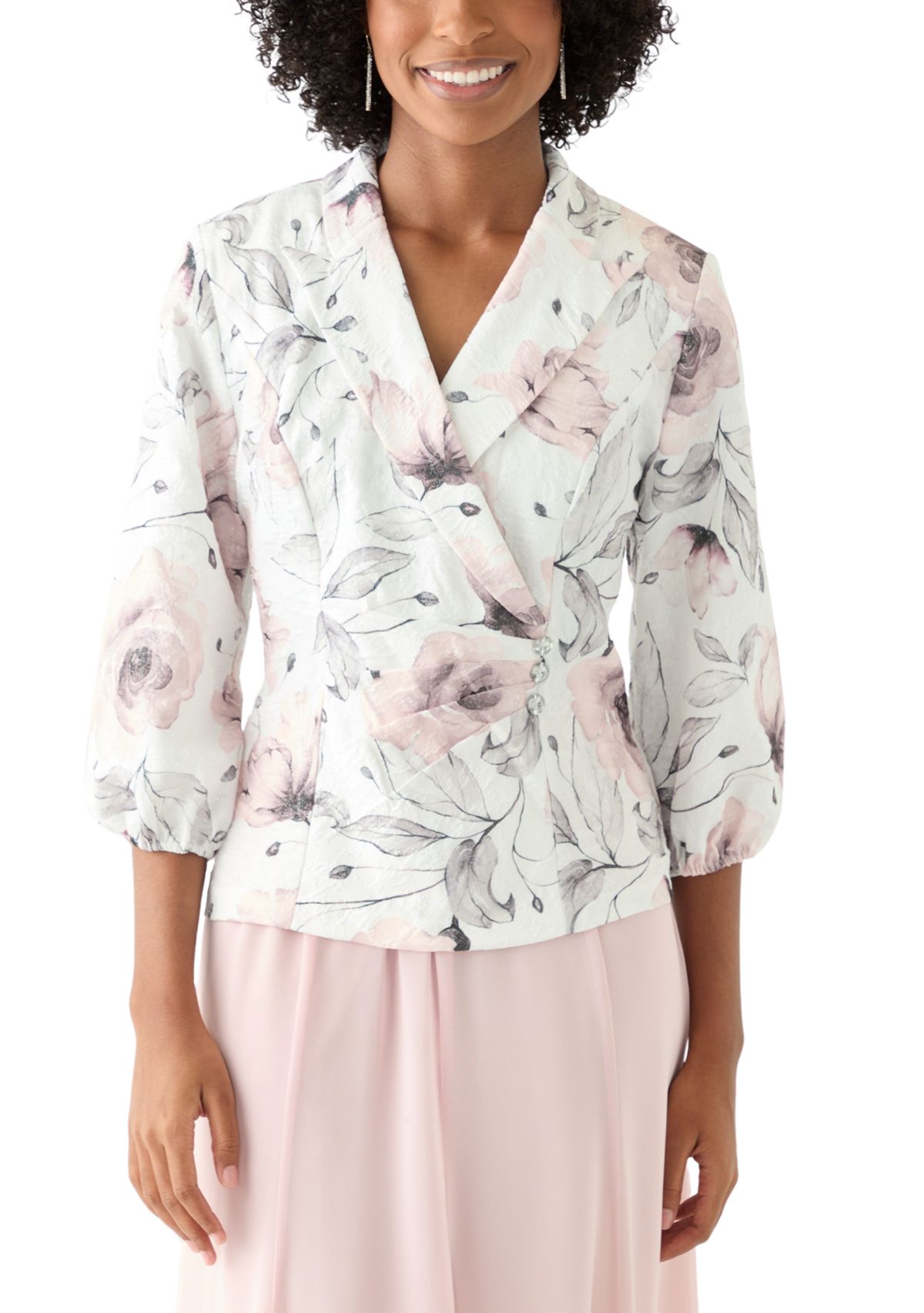 Womens 3/4 Puff Sleeve Shawl Collar Floral Print Top