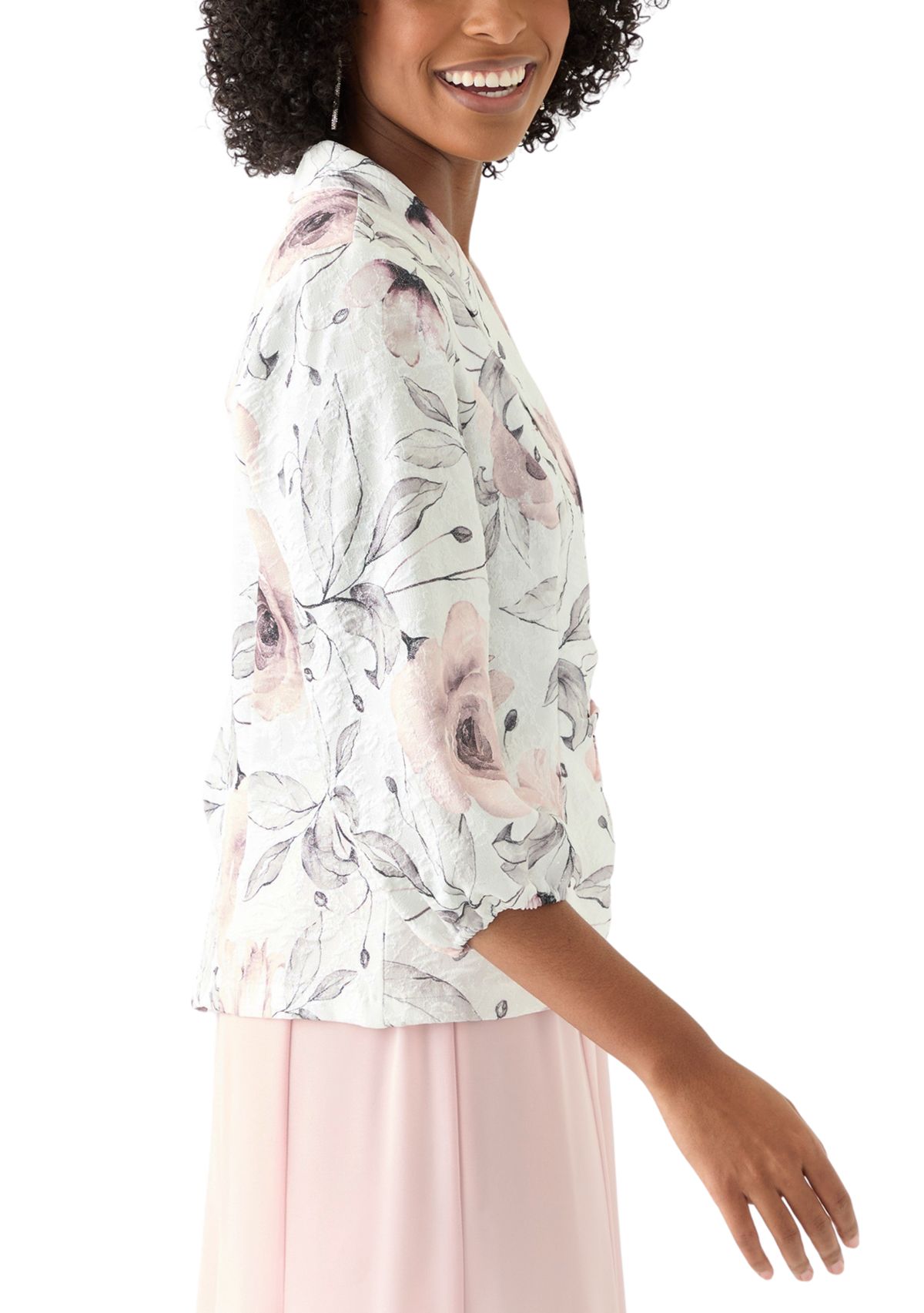 Womens 3/4 Puff Sleeve Shawl Collar Floral Print Top