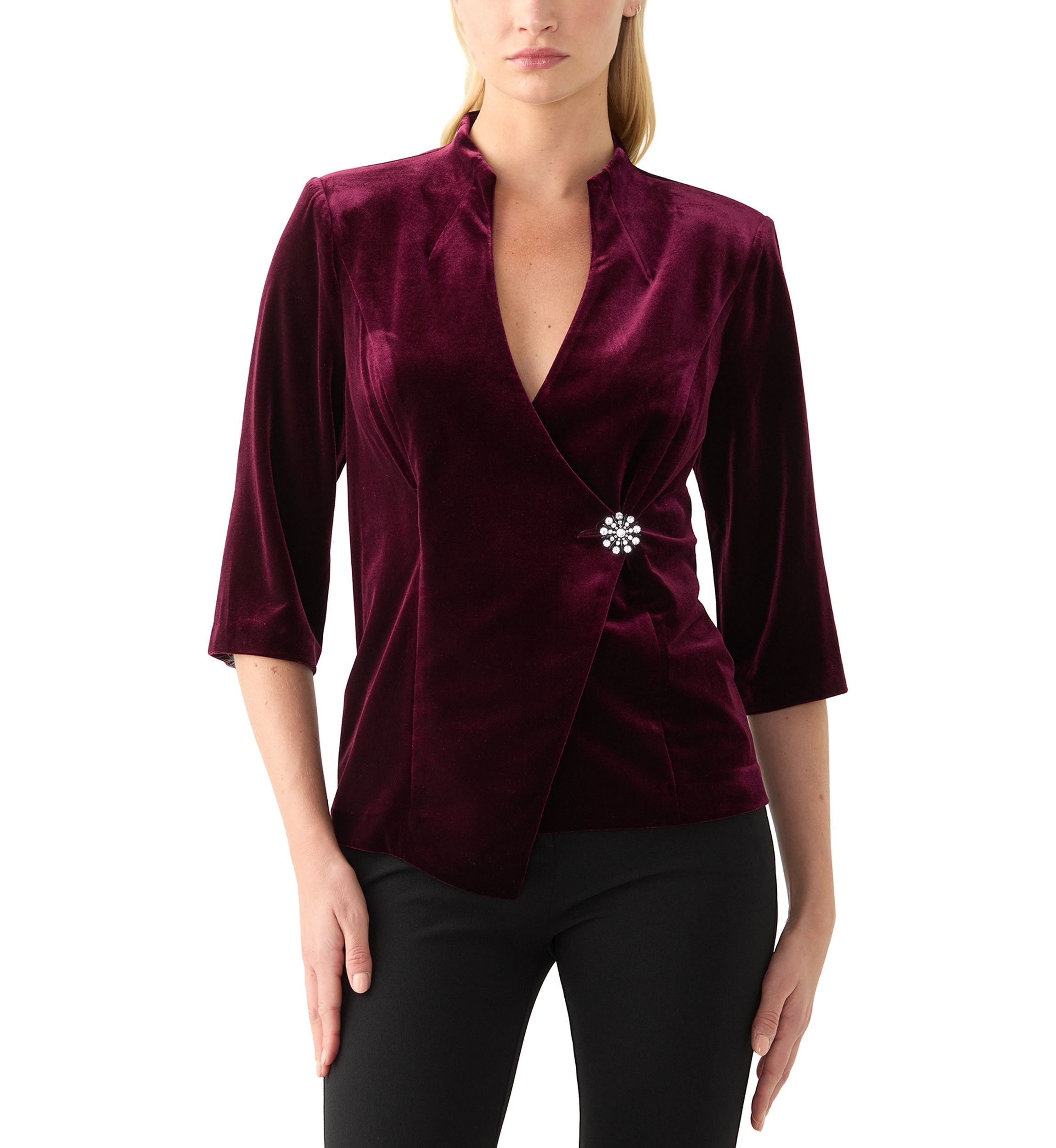 Womens 3/4 Sleeve V-Neck Solid Velvet Wrap Top