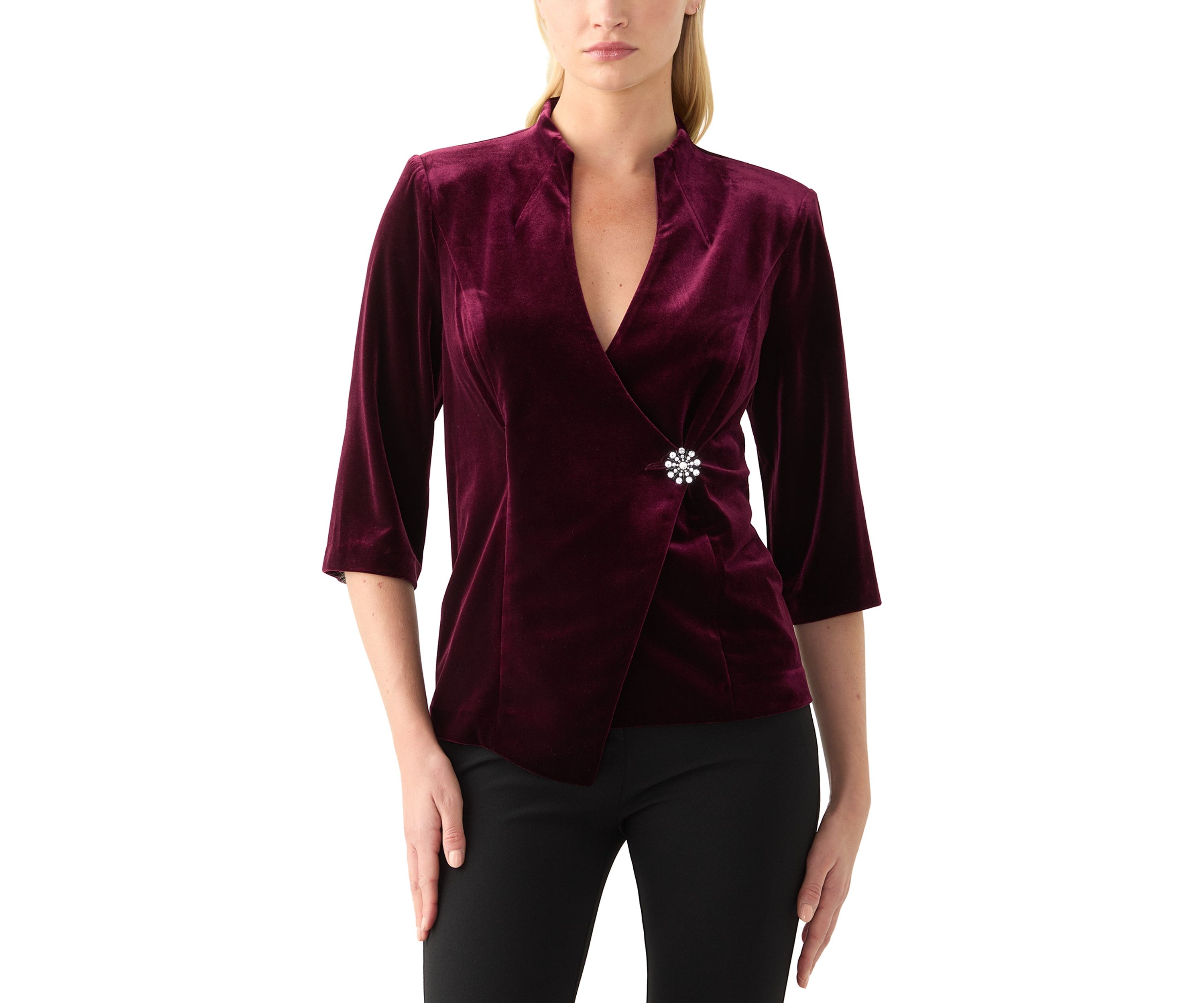 Womens 3/4 Sleeve V-Neck Solid Velvet Wrap Top