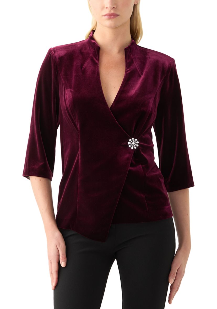 Womens 3/4 Sleeve V-Neck Solid Velvet Wrap Top