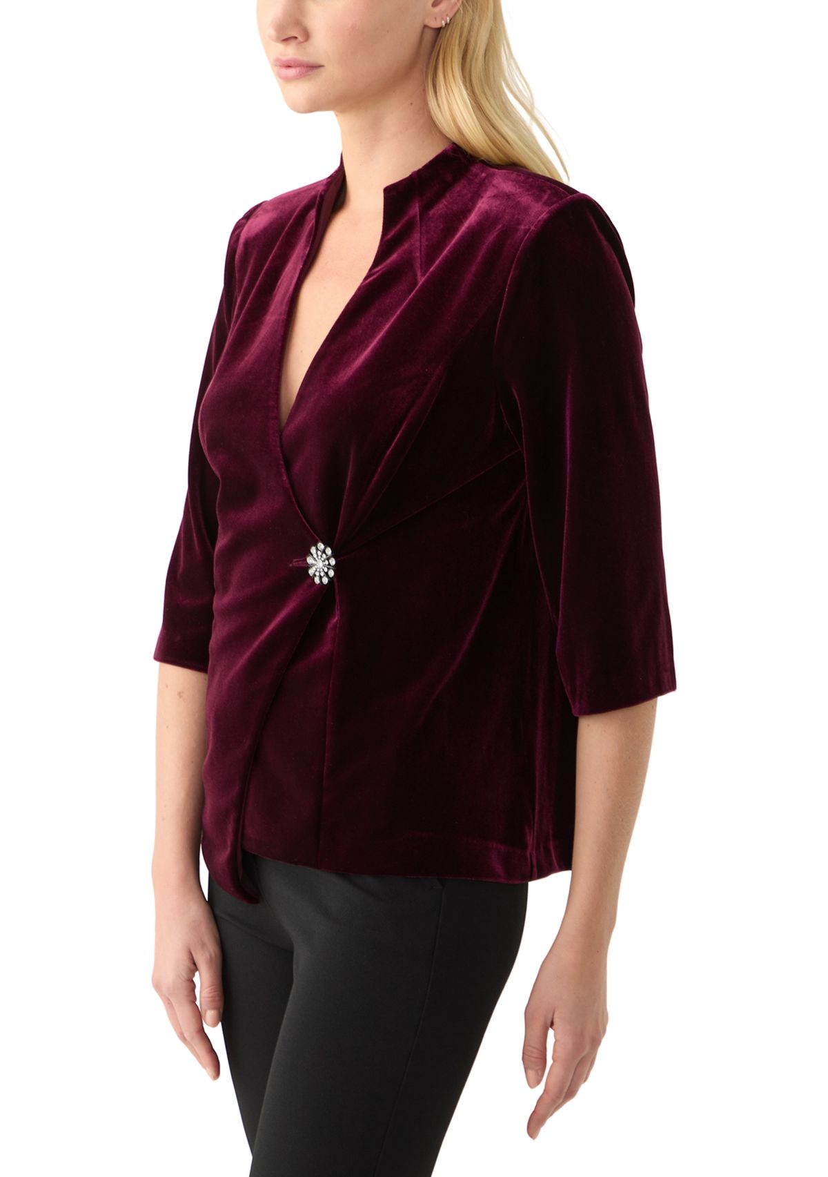 Womens 3/4 Sleeve V-Neck Solid Velvet Wrap Top