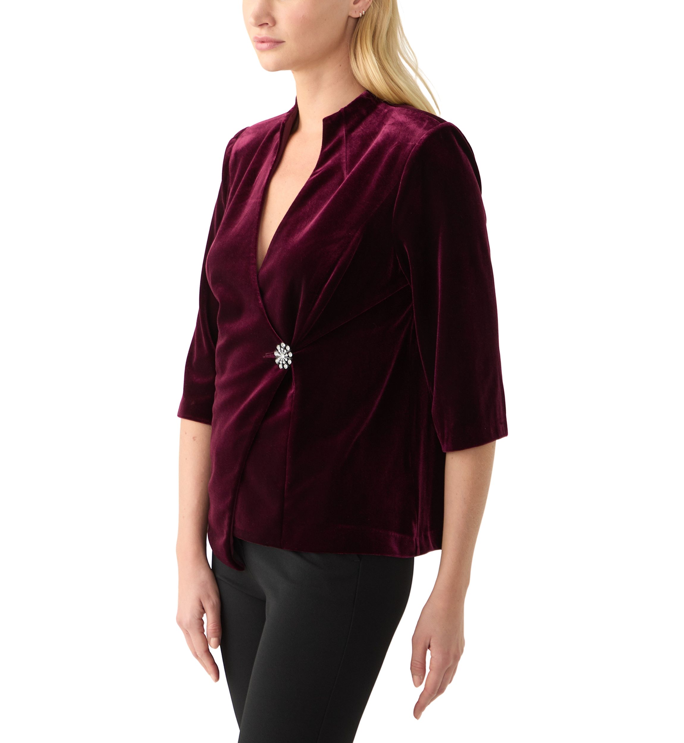 Womens 3/4 Sleeve V-Neck Solid Velvet Wrap Top