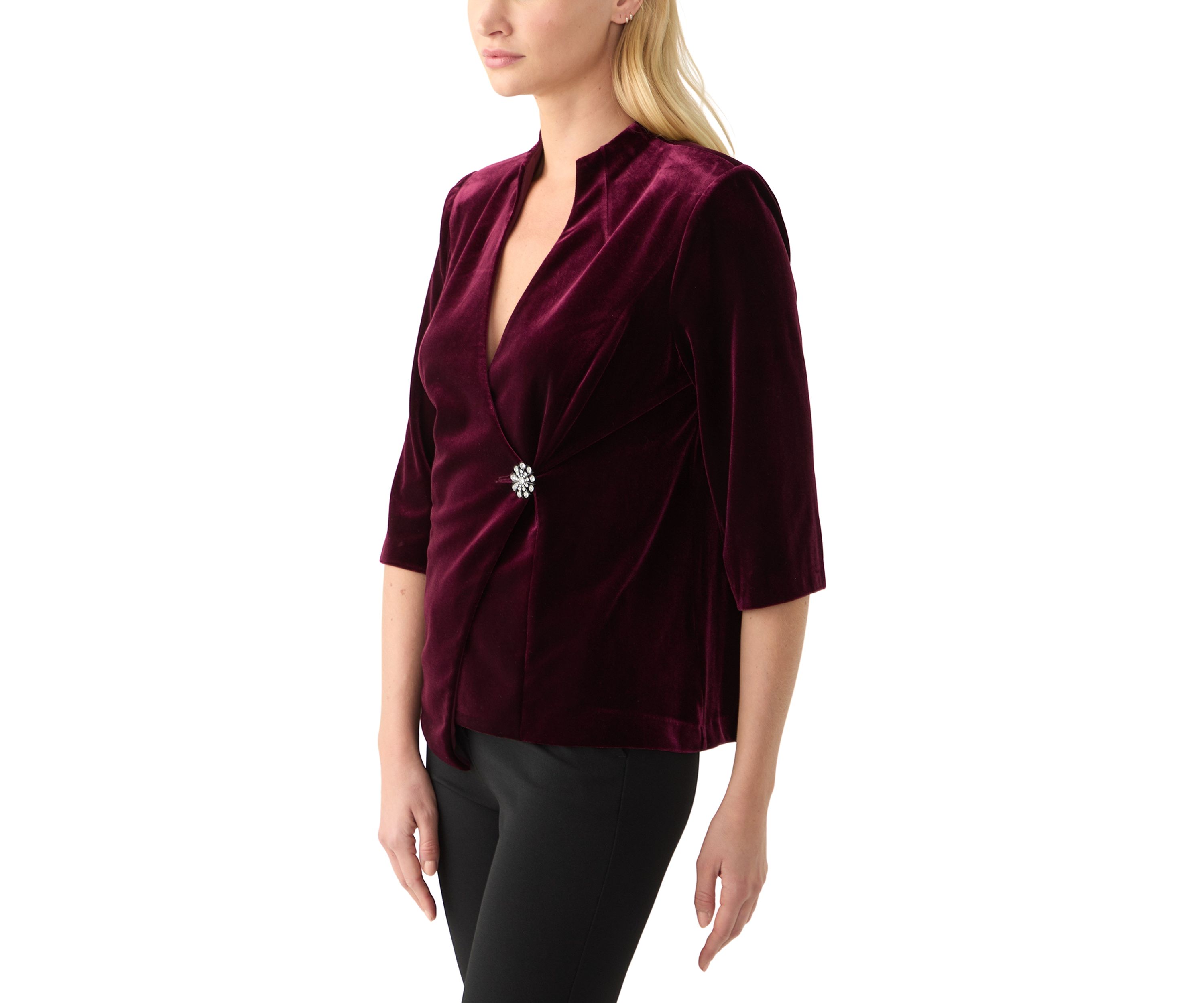 Womens 3/4 Sleeve V-Neck Solid Velvet Wrap Top