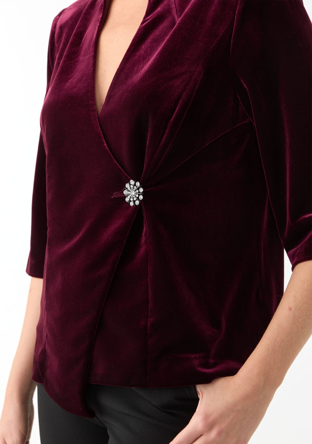 Womens 3/4 Sleeve V-Neck Solid Velvet Wrap Top