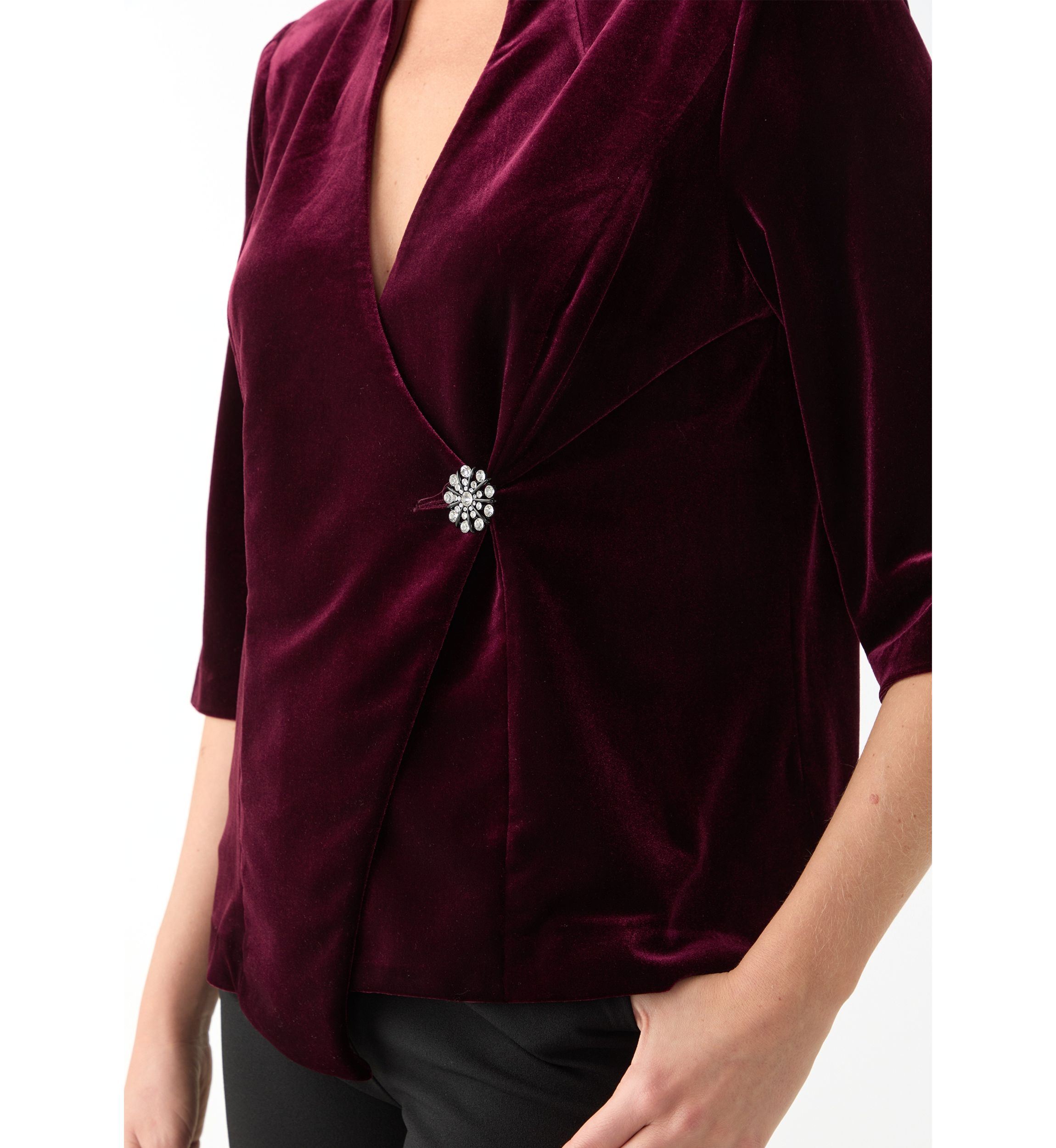 Womens 3/4 Sleeve V-Neck Solid Velvet Wrap Top