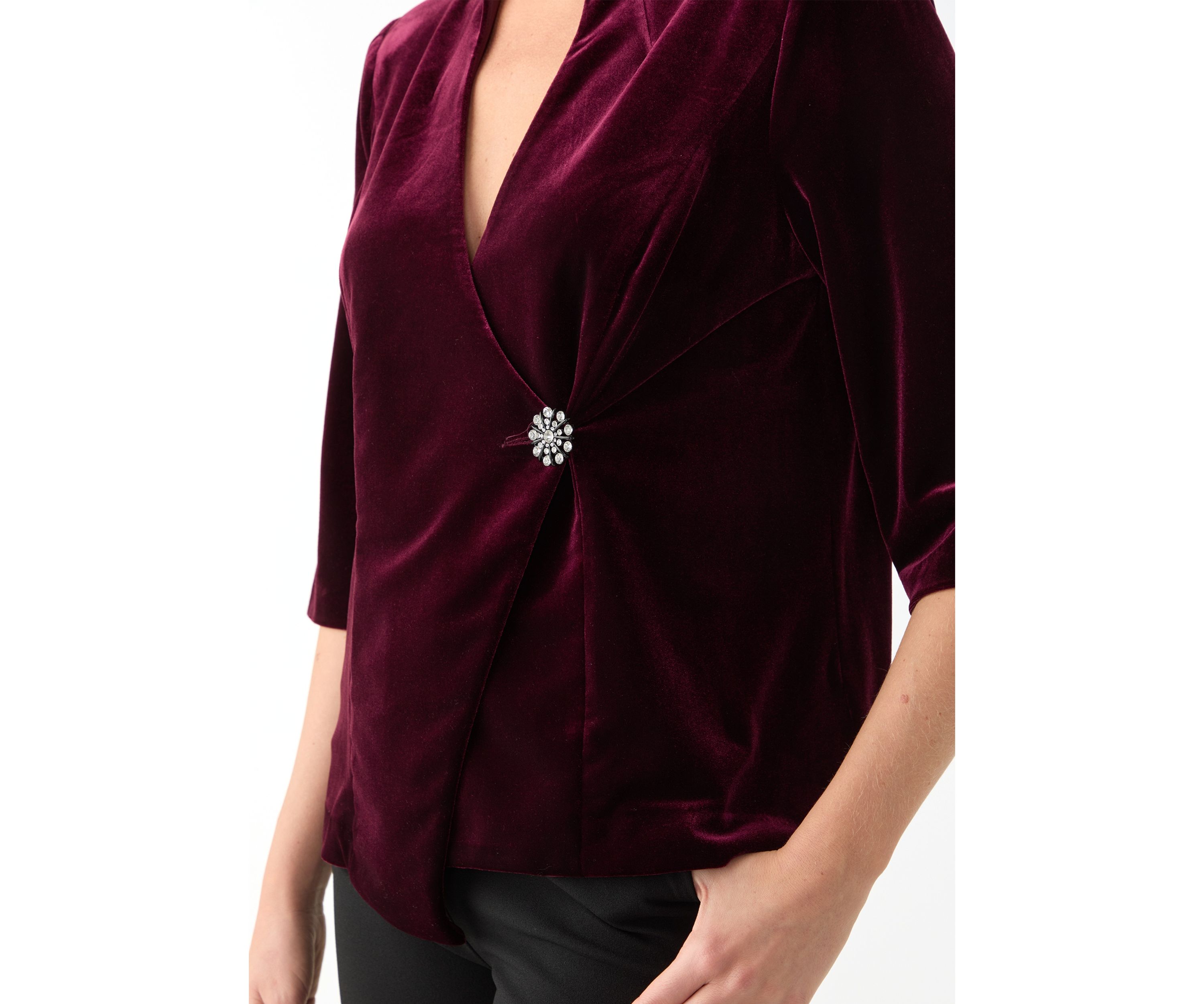 Womens 3/4 Sleeve V-Neck Solid Velvet Wrap Top