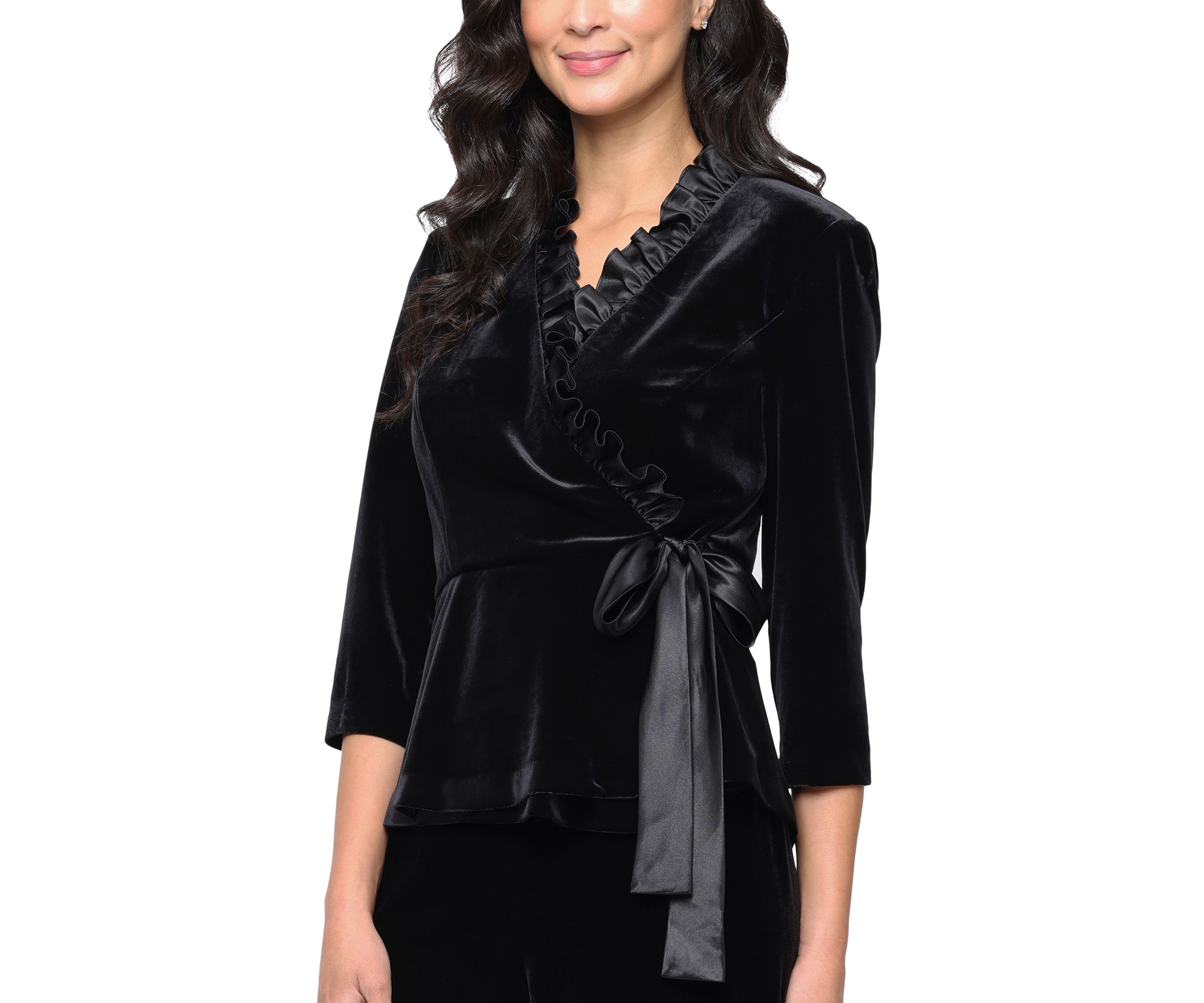  Womens Velvet Top with Satin Ruffle Neck Detail