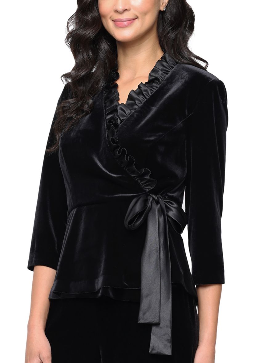  Womens Velvet Top with Satin Ruffle Neck Detail